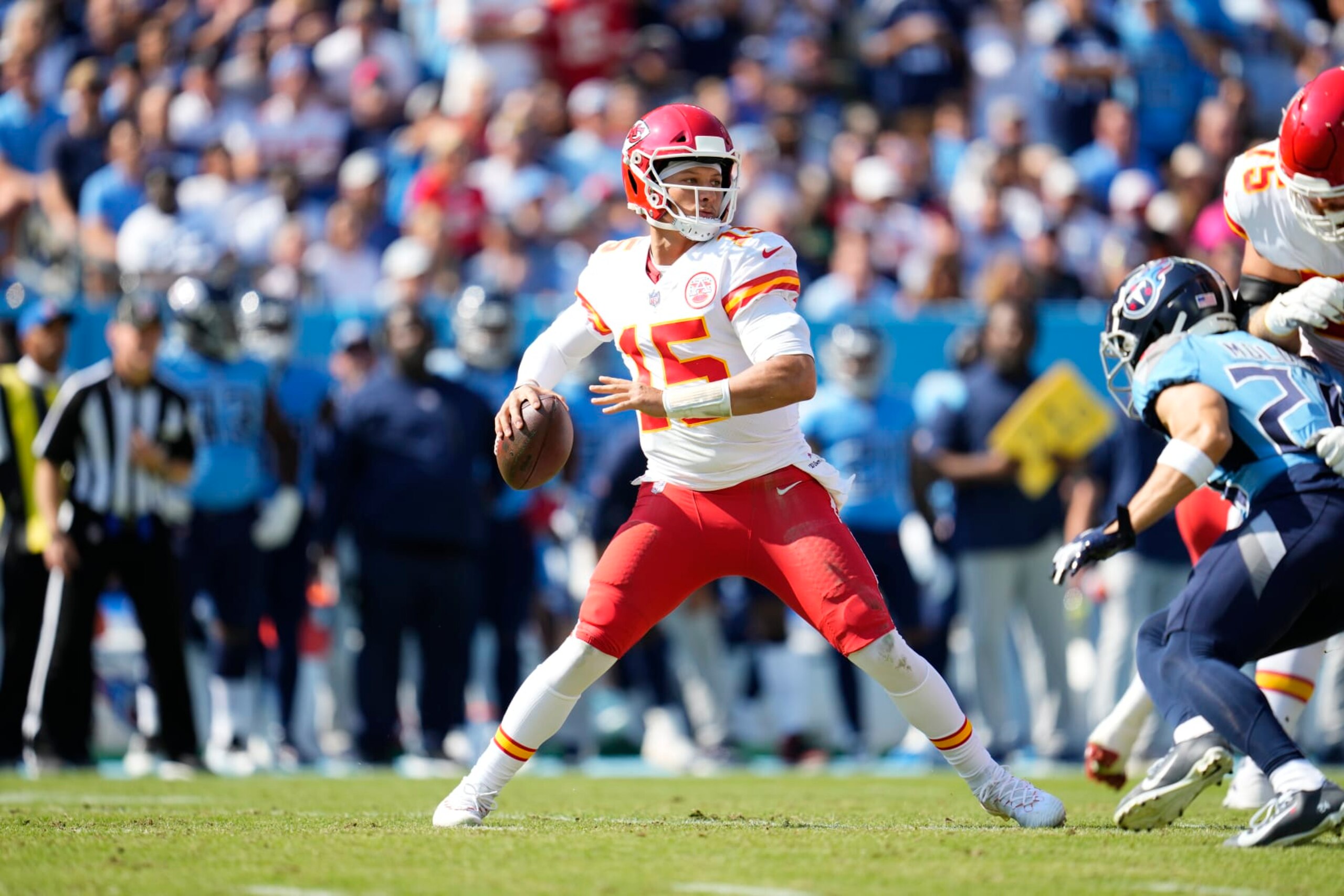 NASHVILLE, TENNESSEE - OCTOBER 24: Patrick Mahomes #15 of the Kansas City Chiefs throws the ball during to an NFL game against the Tennessee Titans at Nissan Stadium on October 24, 2021 in Nashville, Tennessee. (Photo by Cooper Neill/Getty Images)