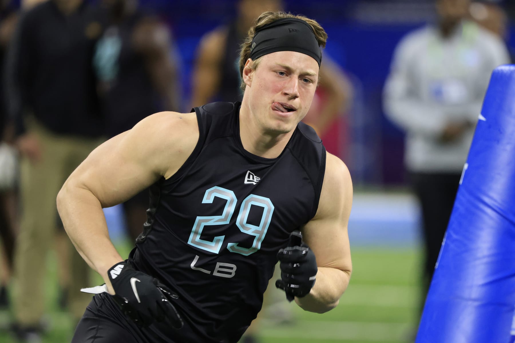 INDIANAPOLIS, INDIANA - MARCH 05: Mike Rose #LB29 of the Iowa State Cyclones runs a drill during the NFL Combine at Lucas Oil Stadium on March 05, 2022 in Indianapolis, Indiana. (Photo by Justin Casterline/Getty Images)