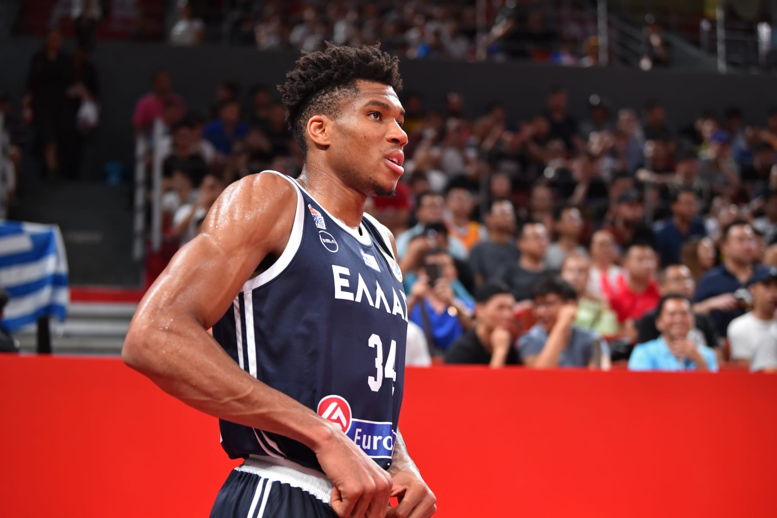 SHENZHEN, CHINA - SEPTEMBER 9: Giannis Antetokounmpo #34 of Team Greece looks on against Team Czech Republic during the FIBA World Cup on September 9, 2019 at the Shenzhen Bay Sports Center in Shenzhen, China. NOTE TO USER: User expressly acknowledges and agrees that, by downloading and/or using this photograph, user is consenting to the terms and conditions of the Getty Images License Agreement. Mandatory Copyright Notice: Copyright 2019 NBAE  (Photo by David Dow/NBAE via Getty Images)