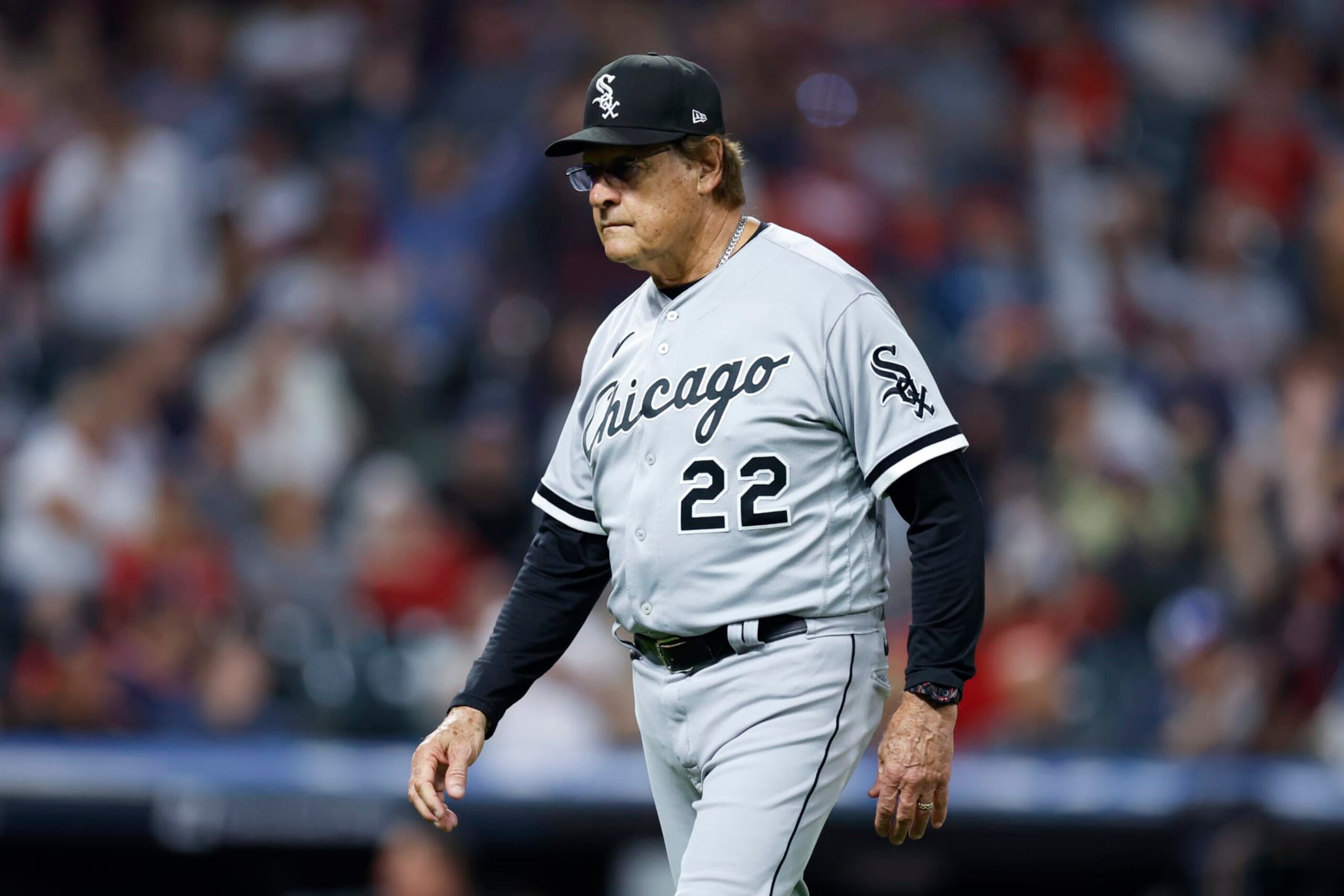 CLEVELAND, OH - JULY 13: Tony La Russa #22 of the Chicago White Sox walks back to the dugout after making a pitching change against the Cleveland Guardians during the seventh inning at Progressive Field on July 13, 2022 in Cleveland, Ohio. (Photo by Ron Schwane/Getty Images)