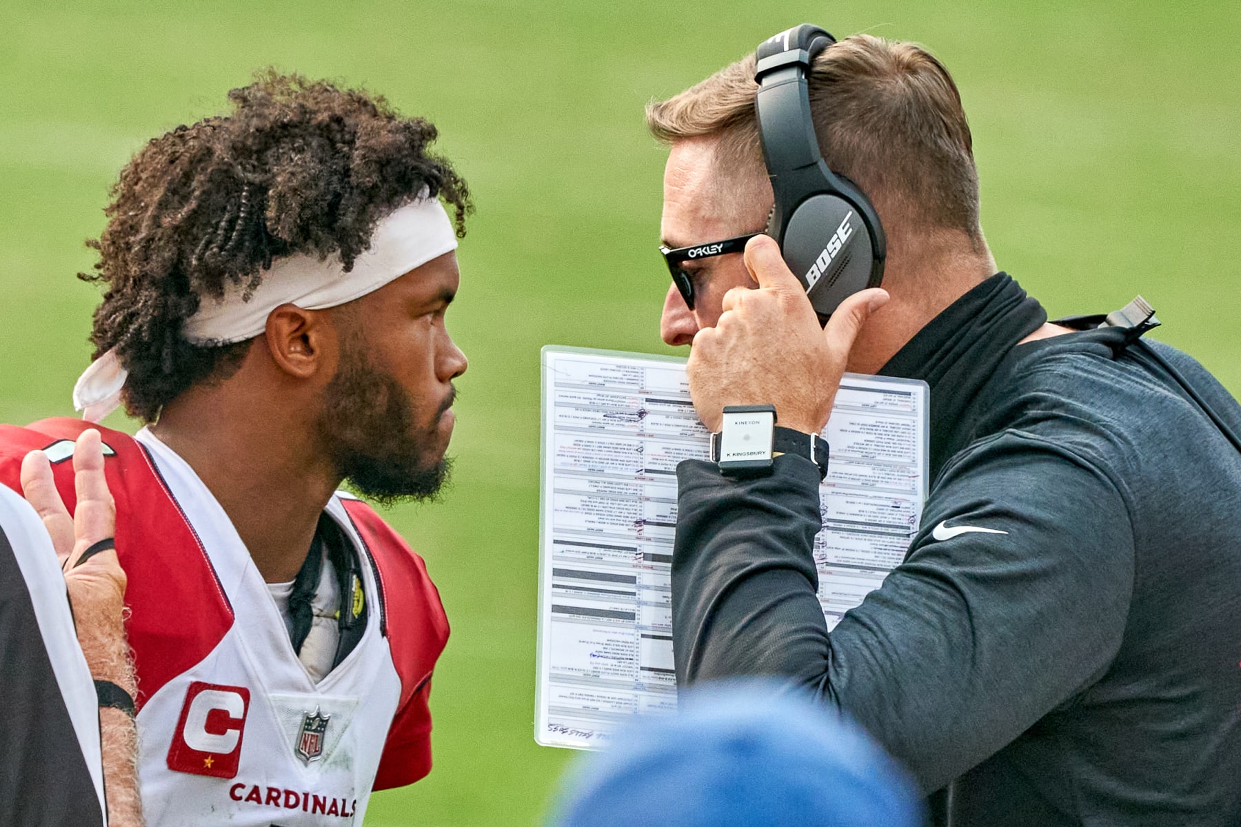 SAN FRANCISCO, CA - SEPTEMBER 13: Arizona Cardinals quarterback Kyler Murray (1) talks to Arizona Cardinals head coach Kliff Kingsbury during the NFL game between the San Francisco 49ers and the Arizona Cardinals on September 13, 2020, at Levi's Stadium in Santa Clara, California. (Photo by MSA/Icon Sportswire via Getty Images)