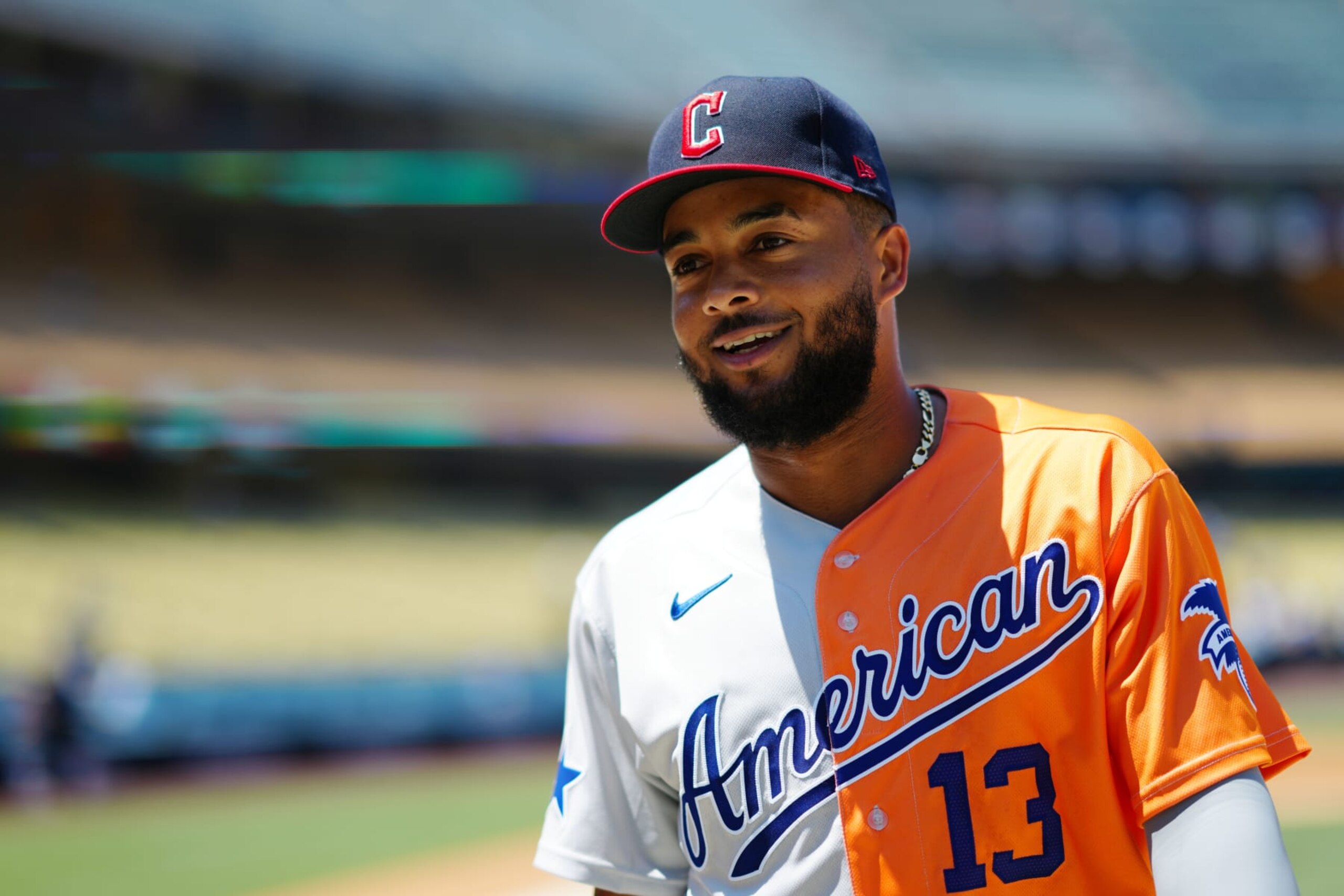 LOS ANGELES, CA - JULY 16: George Valera #13 of the Cleveland Guardians looks on during batting practice prior to the 2022 SiriusXM All-Star Futures Game at Dodger Stadium on Saturday, July 16, 2022 in Los Angeles, California. (Photo by Daniel Shirey/MLB Photos via Getty Images)