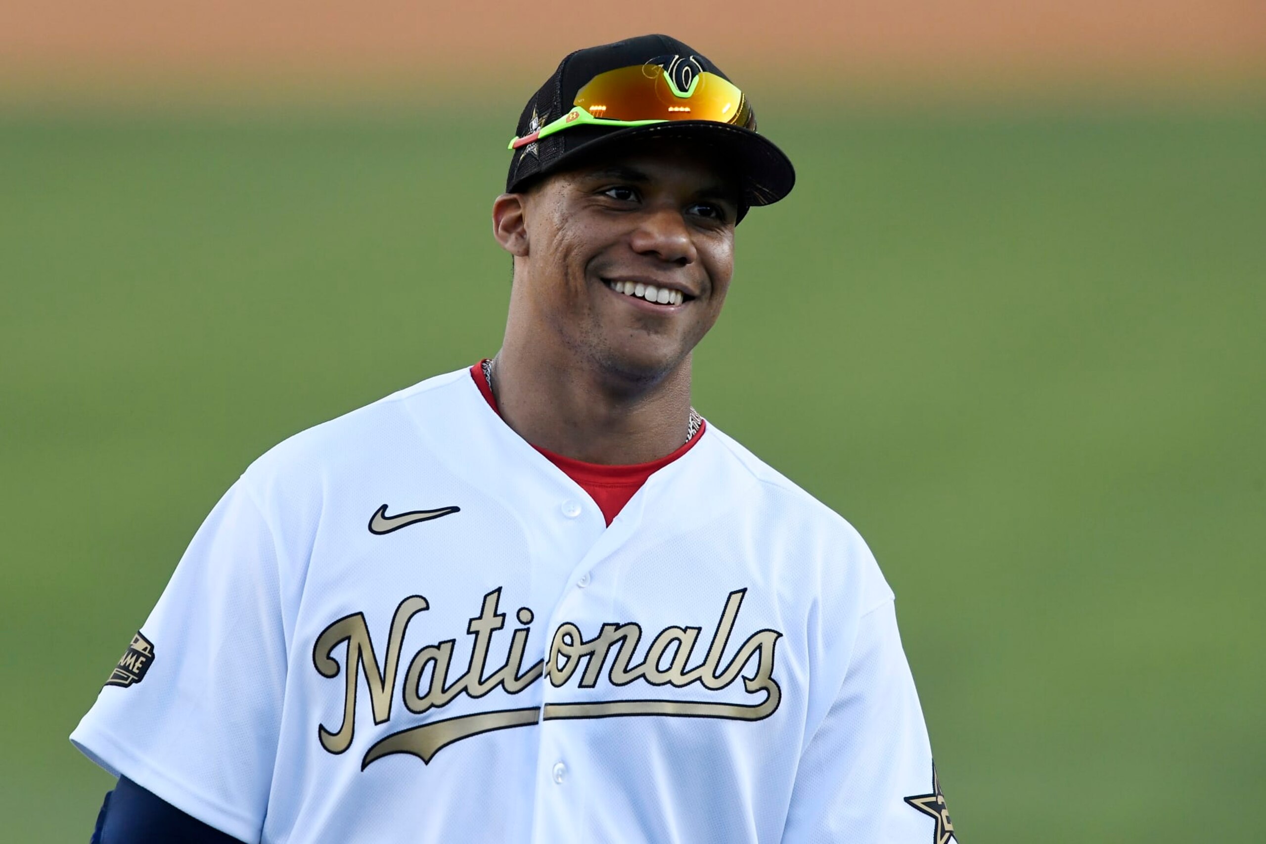 LOS ANGELES, CALIFORNIA - JULY 19: Juan Soto #22 of the Washington Nationals looks on  during the 92nd MLB All-Star Game presented by Mastercard at Dodger Stadium on July 19, 2022 in Los Angeles, California. (Photo by Kevork Djansezian/Getty Images)