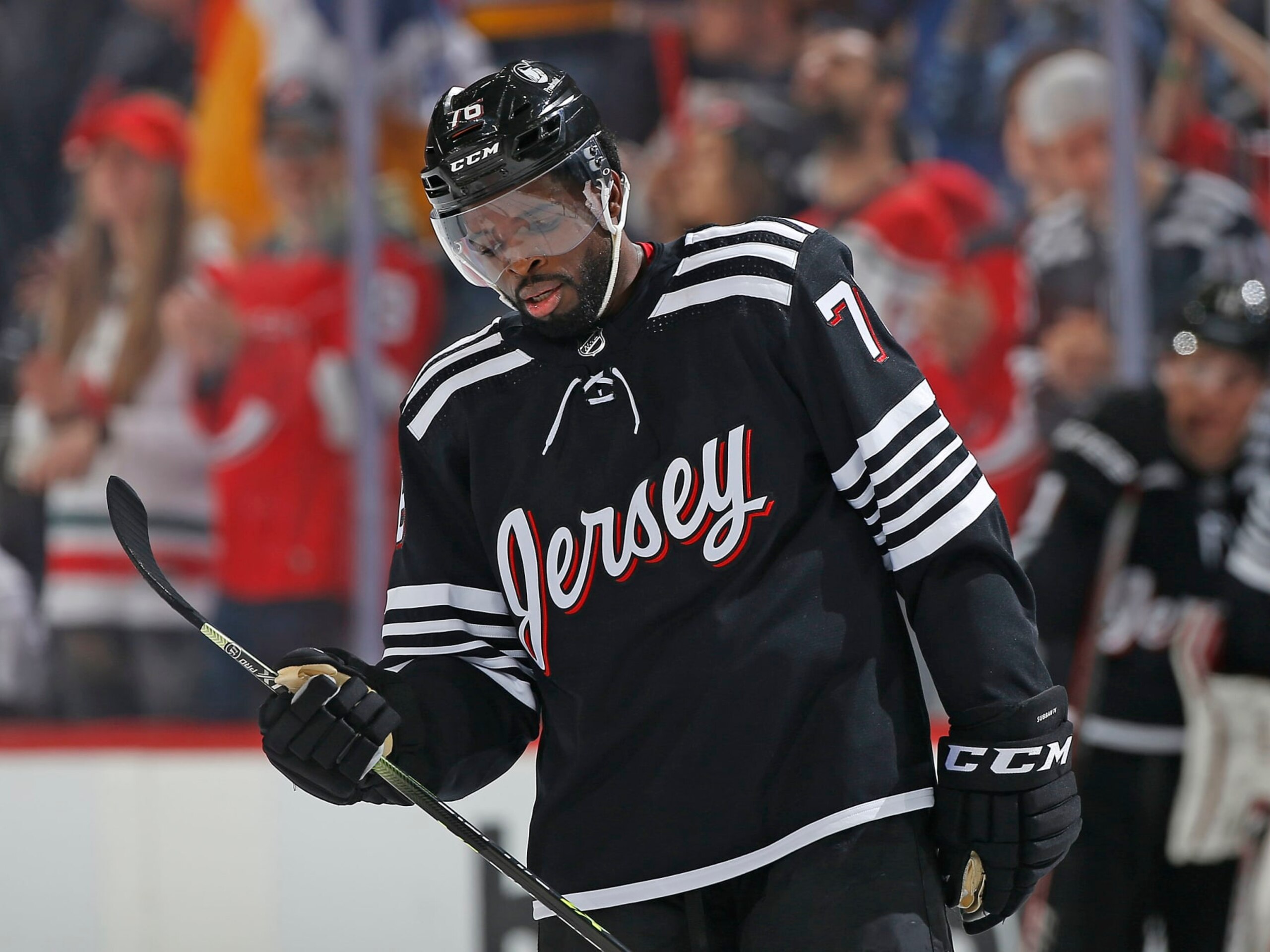 NEWARK, NJ - MARCH 06: P.K. Subban #76 of the New Jersey Devils looks on during the second period of the game against the St. Louis Blues at the Prudential Center on March 6, 2022 in Newark, New Jersey. (Photo by Christopher Pasatieri/NHLI via Getty Images)