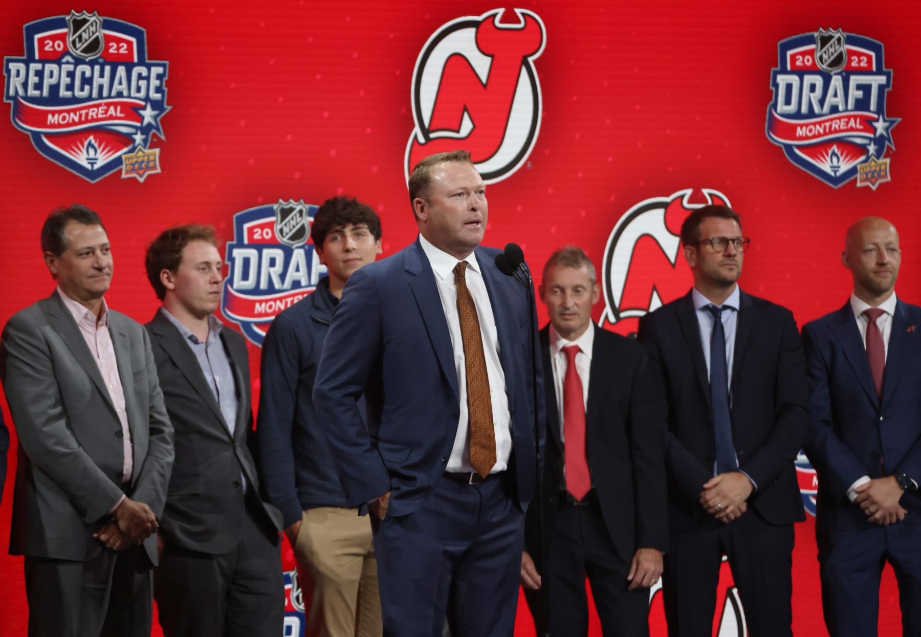 MONTREAL, QUEBEC - JULY 07: Martin Brodeur of the New Jersey Devils speaks onstage prior to the Devils making the second overall pick of the 2022 Upper Deck NHL Draft at Bell Centre on July 07, 2022 in Montreal, Quebec. (Photo by Dave Sandford/NHLI via Getty Images)