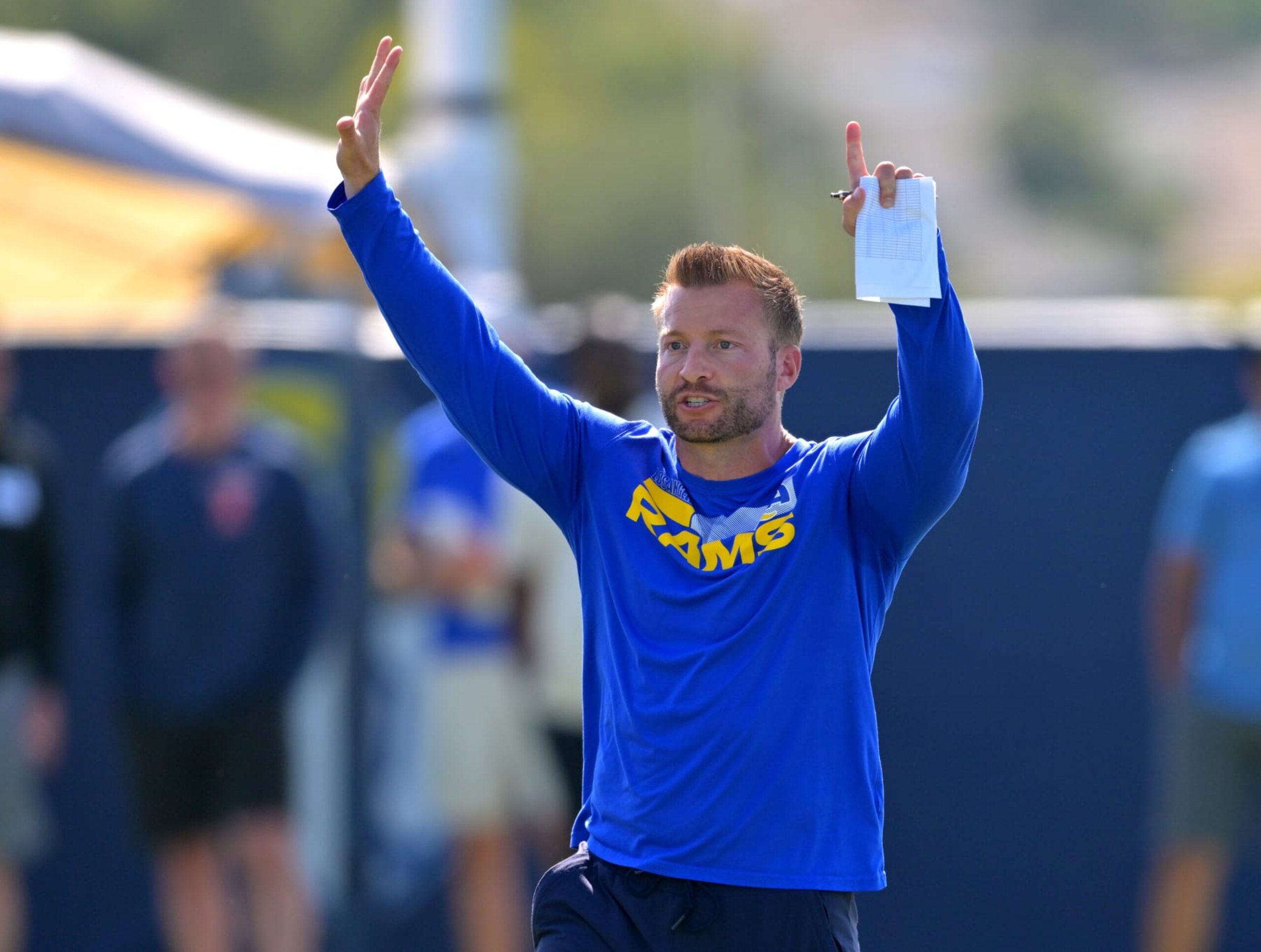 THOUSAND OAKS, CA - JUNE 8: Head coach Sean McVay of the Los Angeles Rams talks with players on the field during mini camp on June 8, 2022 at the team's facility at California Lutheran University in Thousand Oaks, California. (Photo by Jayne Kamin-Oncea/Getty Images)