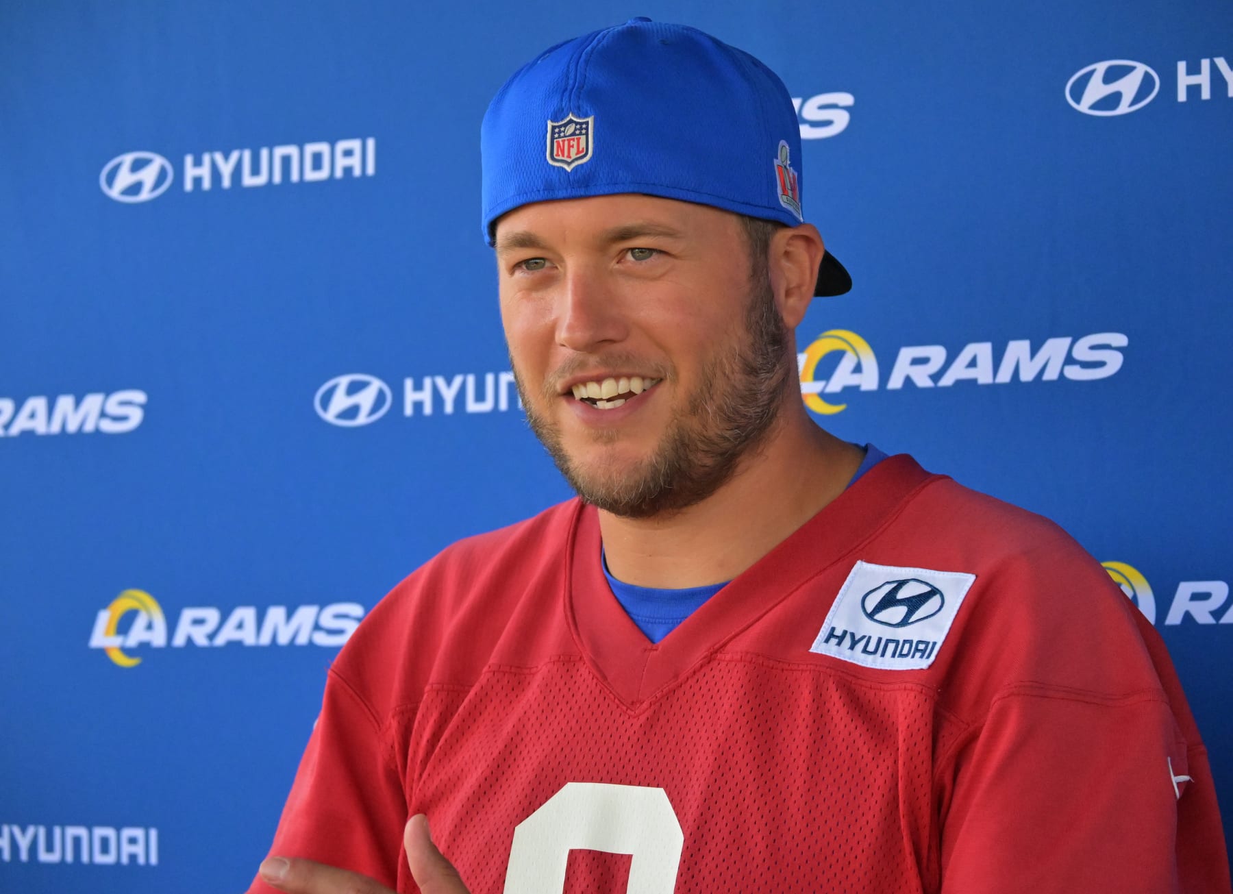 THOUSAND OAKS, CA - JUNE 8: Matthew Stafford #9 of the Los Angeles Rams answers questions from the media following mini camp on June 8, 2022 at the team's facility at California Lutheran University in Thousand Oaks, California. (Photo by Jayne Kamin-Oncea/Getty Images)