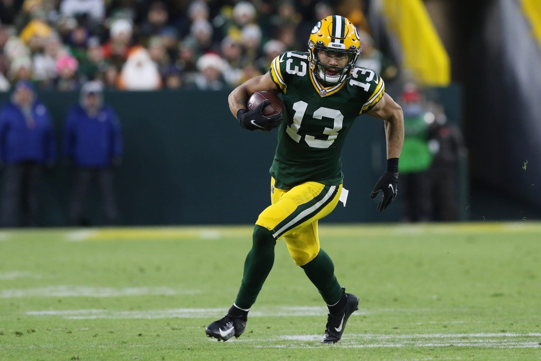 GREEN BAY, WI - DECEMBER 25: Green Bay Packers wide receiver Allen Lazard (13) turns up field during a game between the Green Bay Packers and the Cleveland Browns on December 25, 2021 at Lambeau Field in Green Bay, WI. (Photo by Larry Radloff/Icon Sportswire via Getty Images)