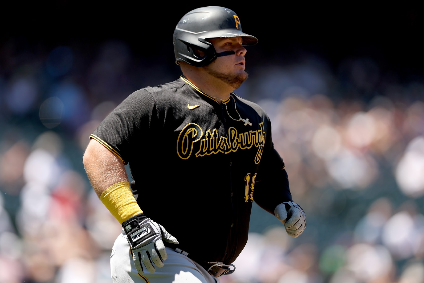 DENVER, COLORADO - JULY 17: Daniel Vogelbach #19 of the Pittsburgh Pirates runs to first base after hitting a RBI single against the Colorado Rockies in the first inning at Coors Field on July 17, 2022 in Denver, Colorado. (Photo by Matthew Stockman/Getty Images)
