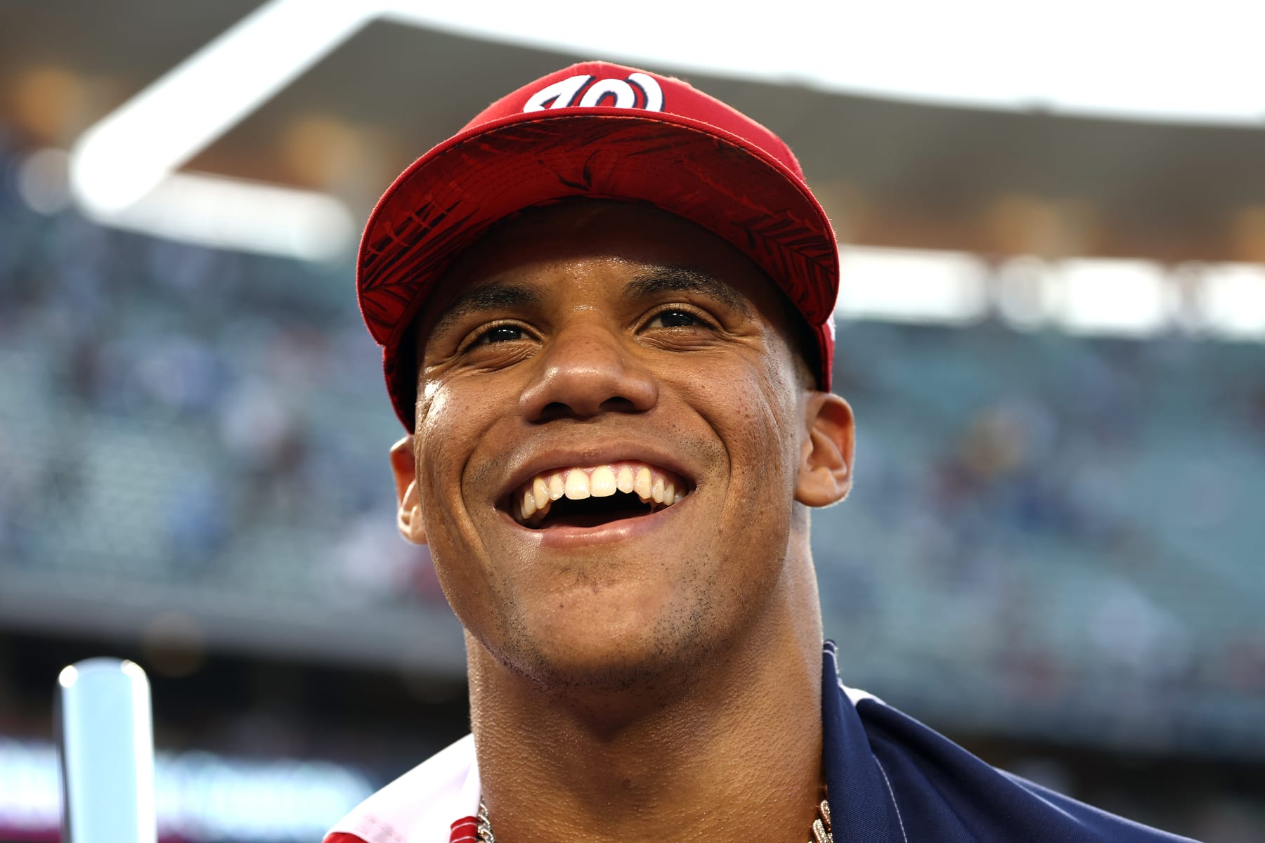 LOS ANGELES, CA - JULY 18:  Juan Soto #22 of the Washington Nationals reacts after winning the final round during the T-Mobile Home Run Derby at Dodger Stadium on Monday, July 18, 2022 in Los Angeles, California. (Photo by Mary DeCicco/MLB Photos via Getty Images)