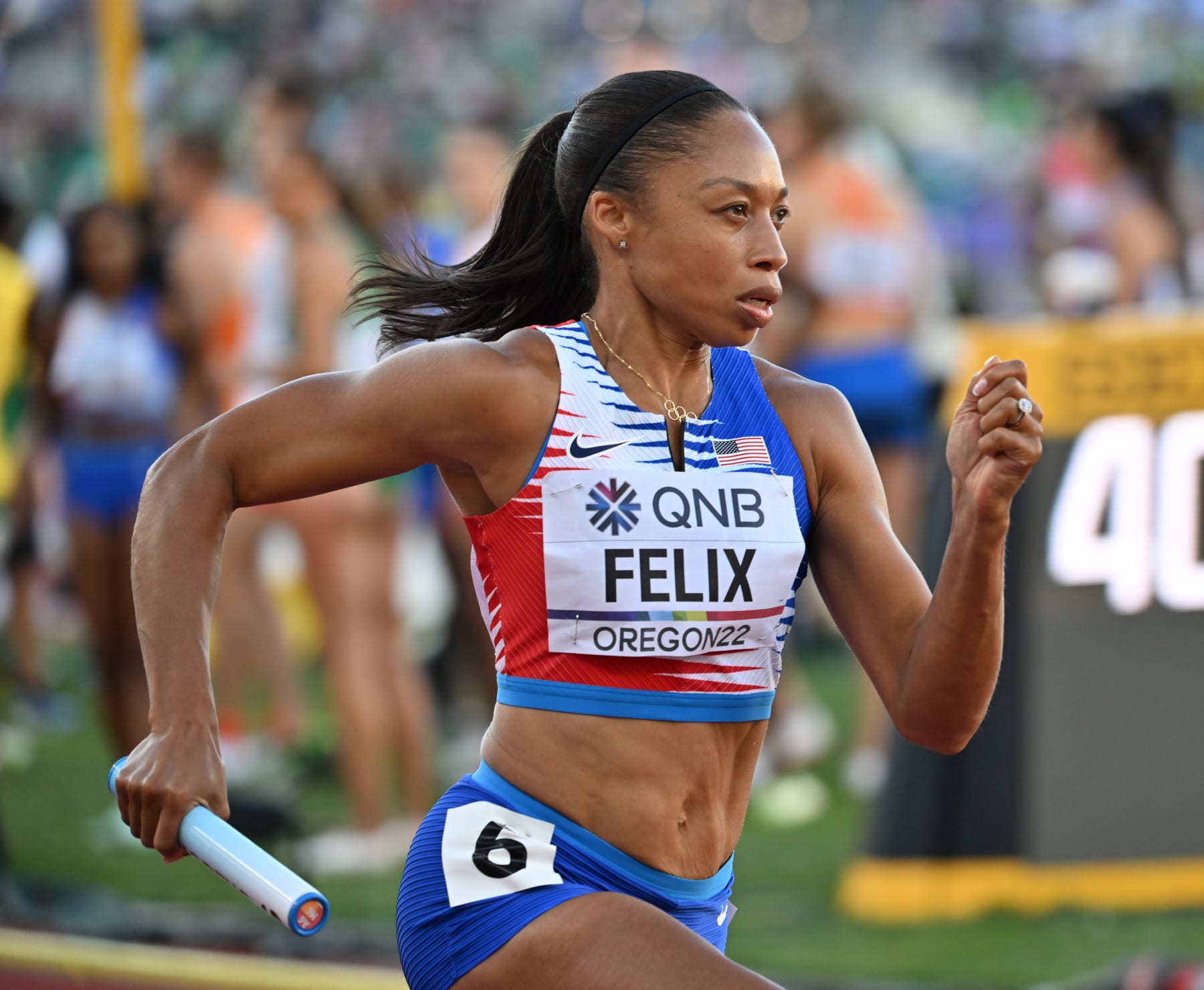 EUGENE, OREGON, UNITED STATES - JULY 15: Allyson Felix of Team United States competes in the 4x400m Mixed Relay Final during the eighteenth edition of the World Athletics Championships in Eugene, Oregon, United States on July 15, 2022. (Photo by Mustafa Yalcin/Anadolu Agency via Getty Images) EUGENE, OREGON, UNITED STATES - JULY 15: Allyson Felix of Team United States competes in the 4x400m Mixed Relay Final during the eighteenth edition of the World Athletics Championships in Eugene, Oregon, United States on July 15, 2022. (Photo by Mustafa Yalcin/Anadolu Agency via Getty Images)