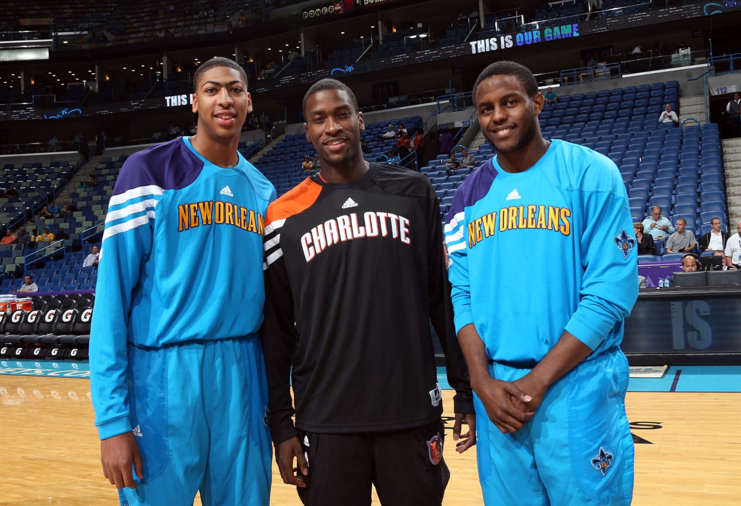 NEW ORLEANS, LA - OCTOBER 9:  (L-R) Anthony Davis #23 of the New Orleans Hornets, Michael Kidd-Gilchrist #14 of the Charlotte Bobcats and Darius Miller #2 of the New Orleans Hornets, all of University of Kentucky and all drafted by NBA, pose together during the game between the New Orleans Hornets and the Charlotte Bobcats on October 9, 2012 at the New Orleans Arena in New Orleans, Louisiana. NOTE TO USER: User expressly acknowledges and agrees that, by downloading and or using this Photograph, user is consenting to the terms and conditions of the Getty Images License Agreement. Mandatory Copyright Notice: Copyright 2012 NBAE (Photo by Layne Murdoch/NBAE via Getty Images)