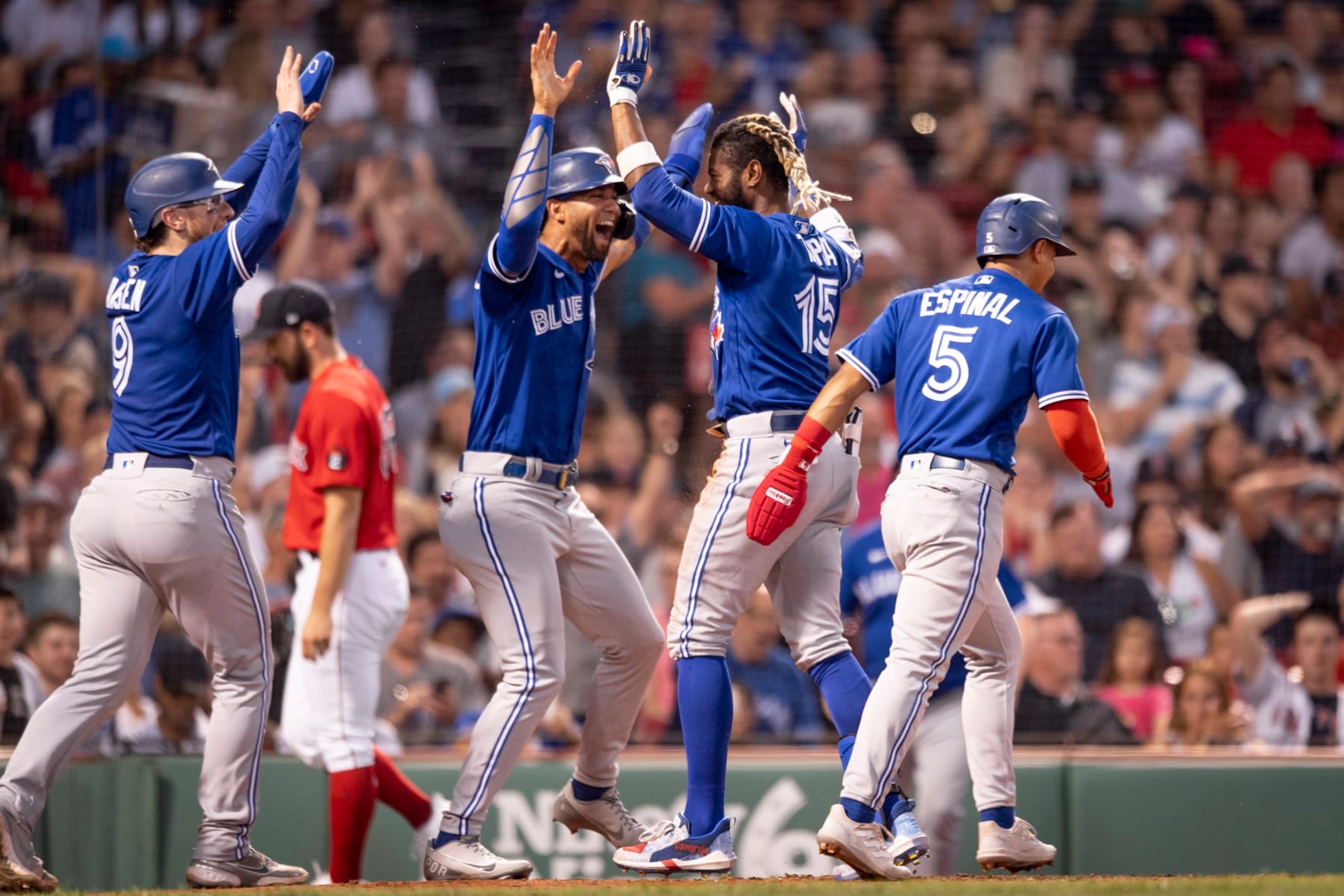 BOSTON, MA - JULY 22: Raimel Tapia #15 of the Toronto Blue Jays reacts after hitting an inside-the-park grand slam during the third inning of a game against the Boston Red Sox on July 22, 2022 at Fenway Park in Boston, Massachusetts. (Photo by Maddie Malhotra/Boston Red Sox/Getty Images) BOSTON, MA - JULY 22: Raimel Tapia #15 of the Toronto Blue Jays reacts after hitting an inside-the-park grand slam during the third inning of a game against the Boston Red Sox on July 22, 2022 at Fenway Park in Boston, Massachusetts. (Photo by Maddie Malhotra/Boston Red Sox/Getty Images)