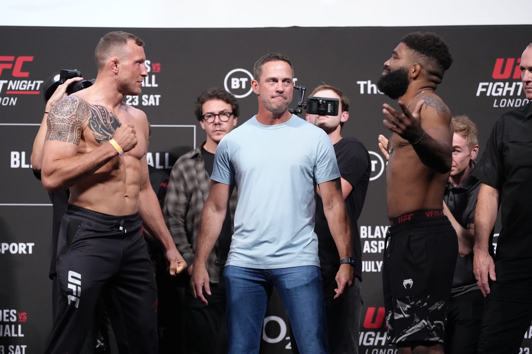 LONDON, ENGLAND - JULY 22:  (L-R) Jack Hermansson of Sweden and Chris Curtis face off during the UFC Fight Night ceremonial weigh-in at O2 Arena on July 22, 2022 in London, England. (Photo by Jeff Bottari/Zuffa LLC)