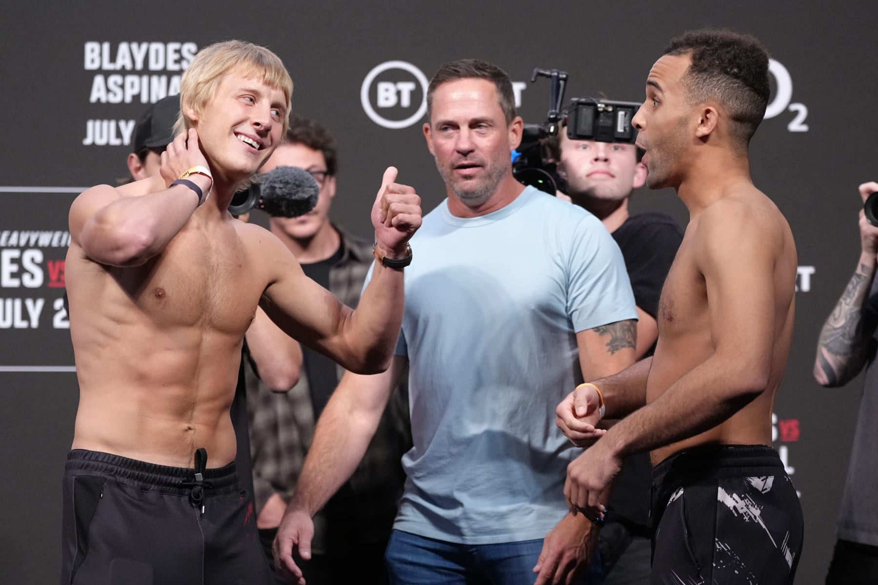LONDON, ENGLAND - JULY 22:  (L-R) Paddy Pimblett of England and Jordan Leavitt face off during the UFC Fight Night ceremonial weigh-in at O2 Arena on July 22, 2022 in London, England. (Photo by Jeff Bottari/Zuffa LLC)