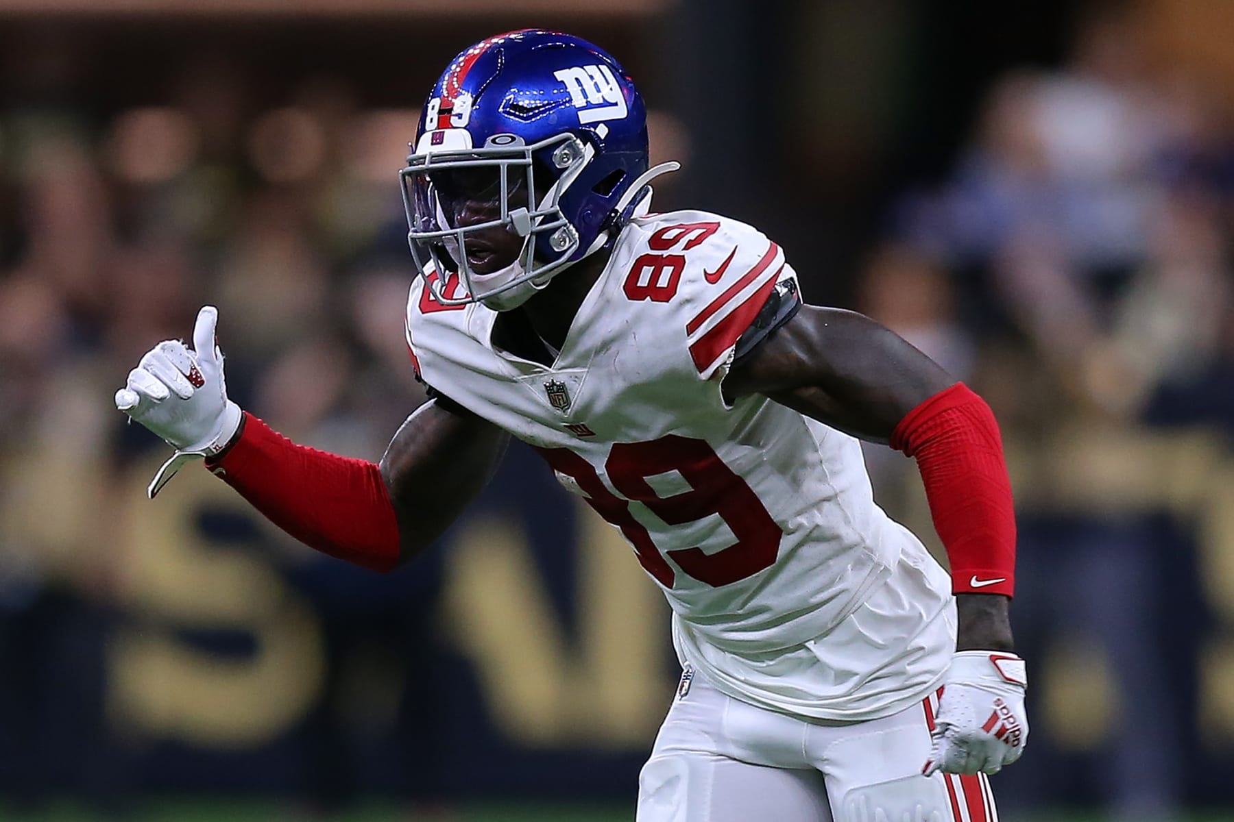 NEW ORLEANS, LOUISIANA - OCTOBER 03: Kadarius Toney #89 of the New York Giants in action against the New Orleans Saints during a game at the Caesars Superdome on October 03, 2021 in New Orleans, Louisiana. (Photo by Jonathan Bachman/Getty Images)