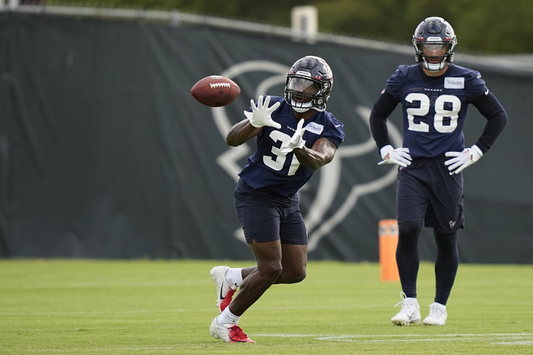 Houston Texans' Dameon Pierce catches a pass during an NFL football minicamp Tuesday, June 14, 2022, in Houston. (AP Photo/David J. Phillip)