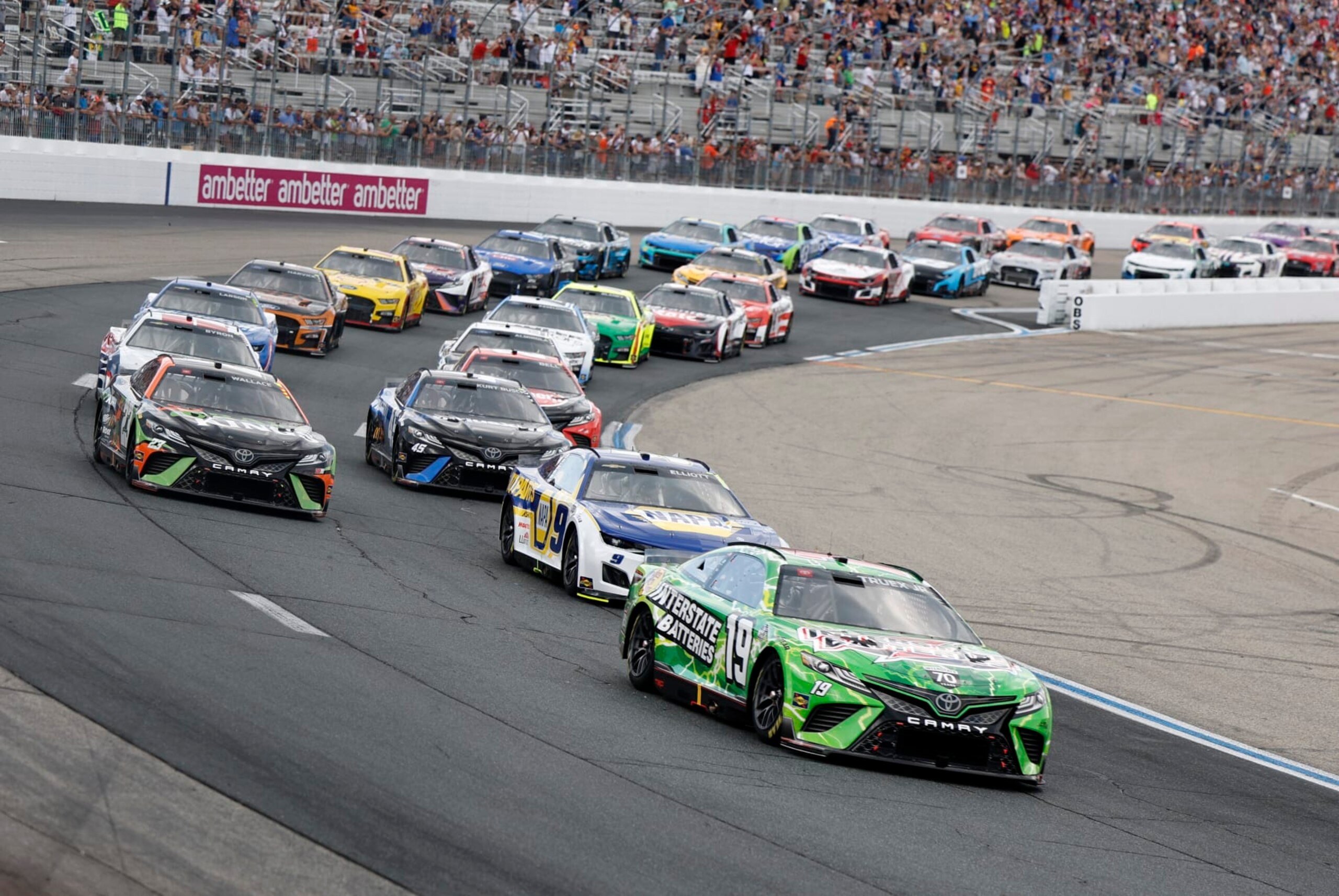 LOUDON, NH - JULY 17: Martin Truex Jr. (#19 Joe Gibbs Racing Interstate Batteries Toyota) leads the field during the NASCAR Cup Series Ambetter 301 on July 17, 2022, at New Hampshire Motor Speedway in Loudon. New Hampshire. (Photo by Fred Kfoury III/Icon Sportswire via Getty Images)