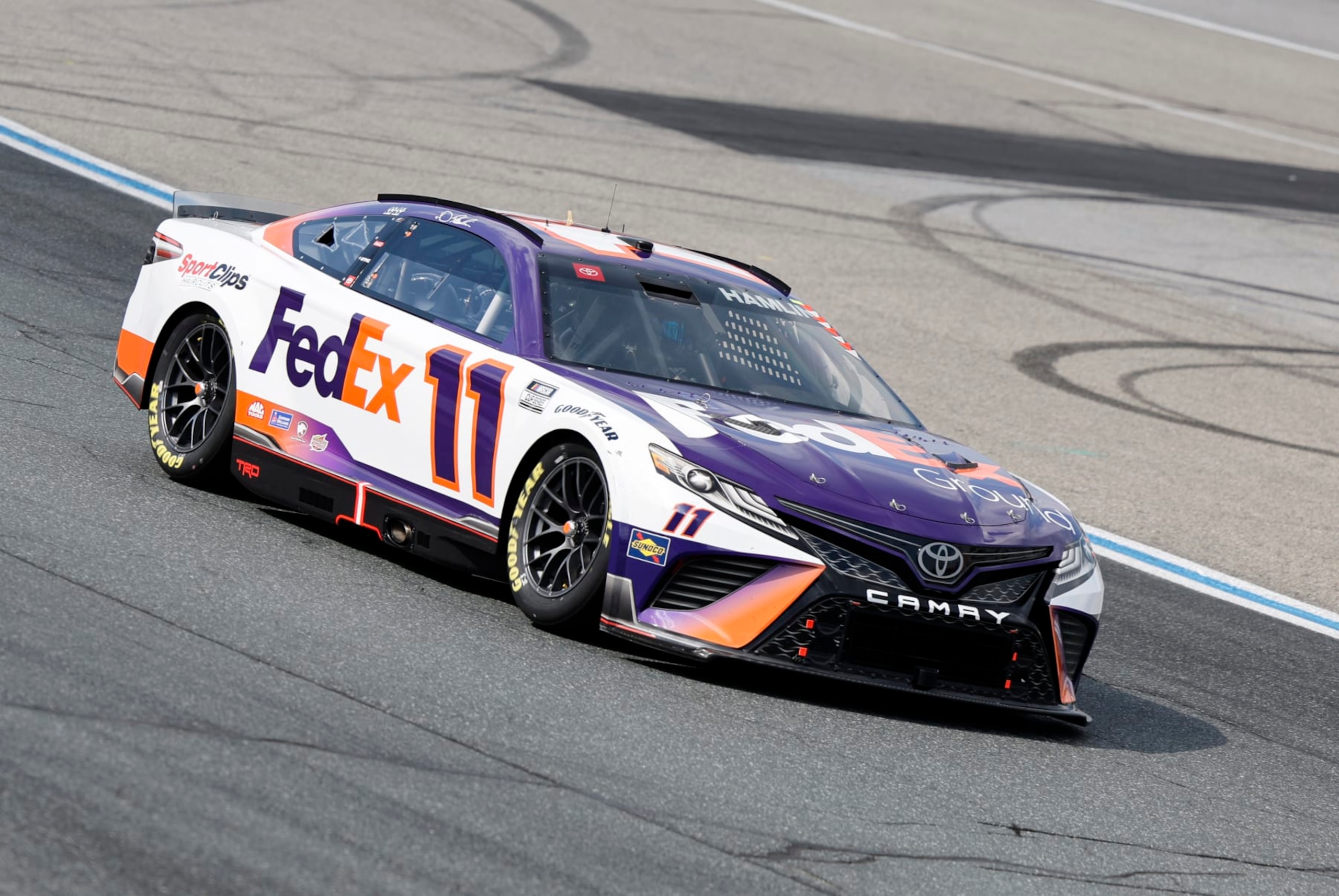 LOUDON, NH - JULY 17: Denny Hamlin (#11 Joe Gibbs Racing FedEx Ground Toyota) during the NASCAR Cup Series Ambetter 301 on July 17, 2022, at New Hampshire Motor Speedway in Loudon. New Hampshire. (Photo by Fred Kfoury III/Icon Sportswire via Getty Images)