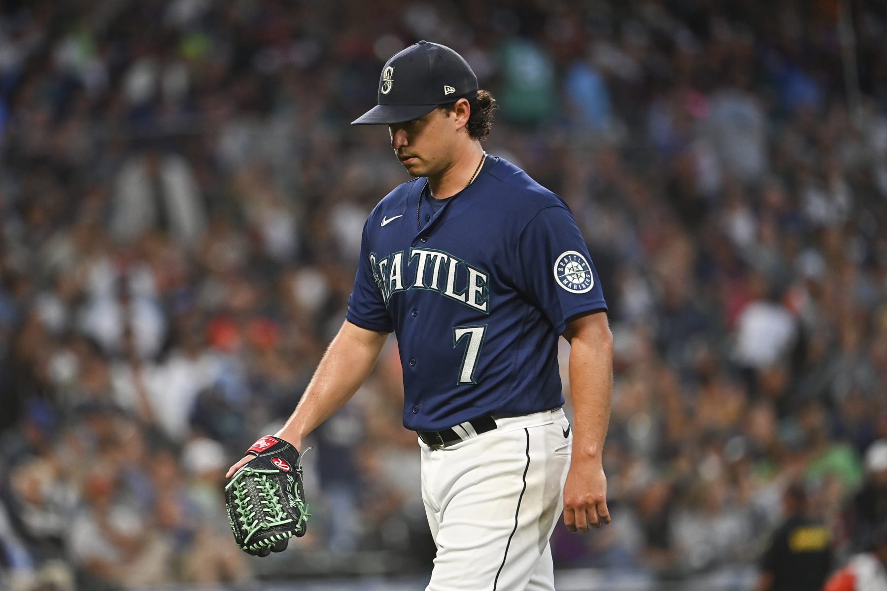 SEATTLE, WASHINGTON - JULY 22: Marco Gonzales #7 of the Seattle Mariners exits the game during the sixth inning against the Houston Astros at T-Mobile Park on July 22, 2022 in Seattle, Washington. (Photo by Alika Jenner/Getty Images)