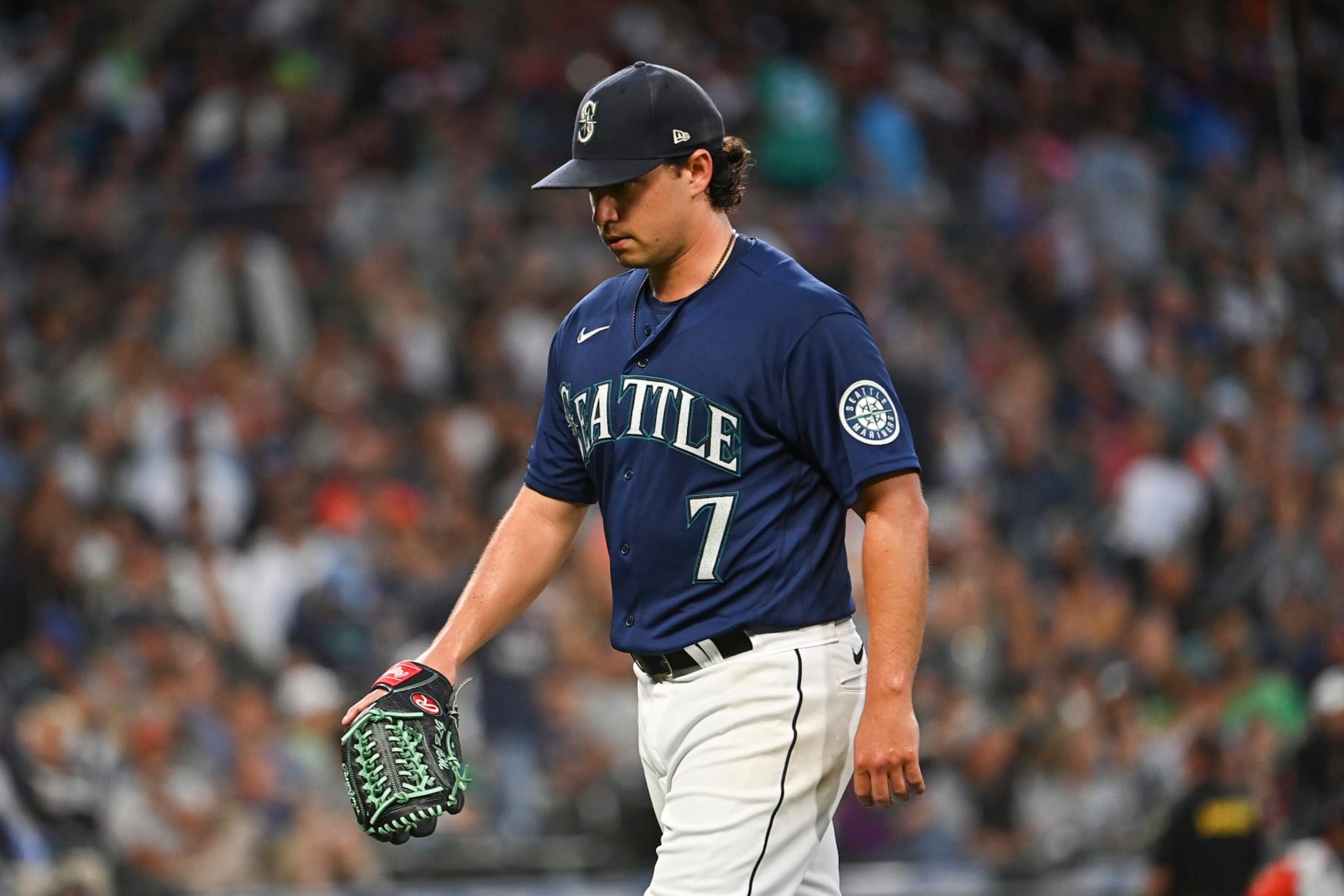 SEATTLE, WASHINGTON - JULY 22: Marco Gonzales #7 of the Seattle Mariners exits the game during the sixth inning against the Houston Astros at T-Mobile Park on July 22, 2022 in Seattle, Washington. (Photo by Alika Jenner/Getty Images) SEATTLE, WASHINGTON - JULY 22: Marco Gonzales #7 of the Seattle Mariners exits the game during the sixth inning against the Houston Astros at T-Mobile Park on July 22, 2022 in Seattle, Washington. (Photo by Alika Jenner/Getty Images)
