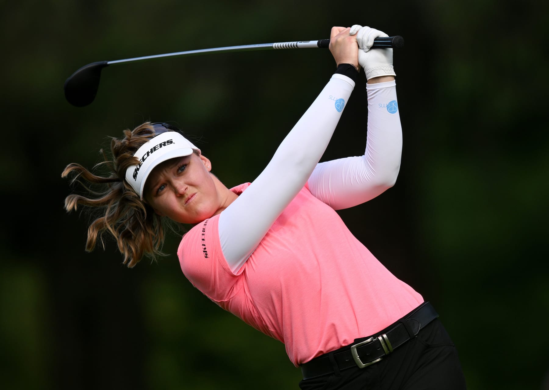 EVIAN-LES-BAINS, FRANCE - JULY 22: Brooke M. Henderson of Canada plays their second shot on the 18th hole on day two of The Amundi Evian Championship at Evian Resort Golf Club on July 22, 2022 in Evian-les-Bains, France. (Photo by Stuart Franklin/Getty Images)
