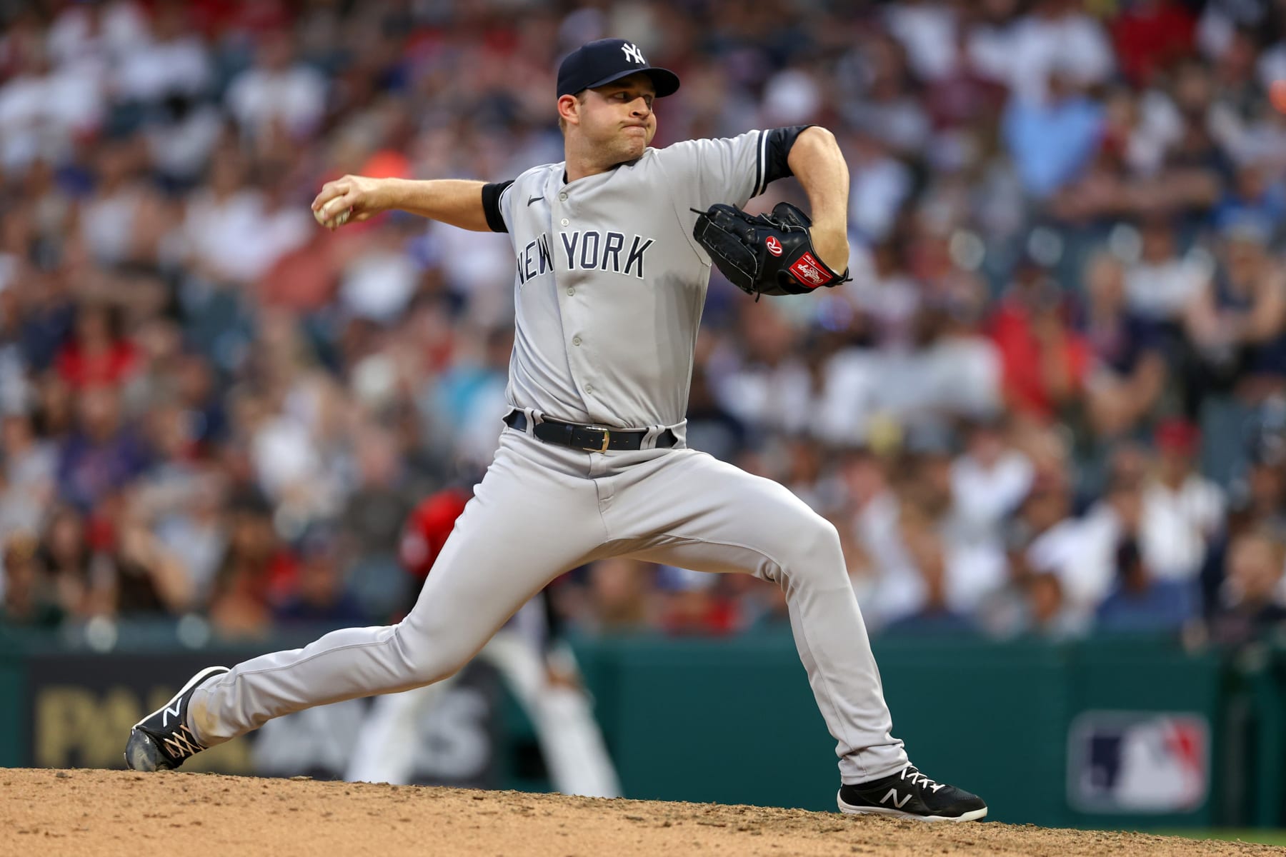 CLEVELAND, OH - JULY 02: New York Yankees relief pitcher Michael King (34) delivers a pitch to the plate during the eighth inning of game 2 of the Major League Baseball doubleheader between the New York Yankees and Cleveland Guardians on July 2, 2022, at Progressive Field in Cleveland, OH. (Photo by Frank Jansky/Icon Sportswire via Getty Images)