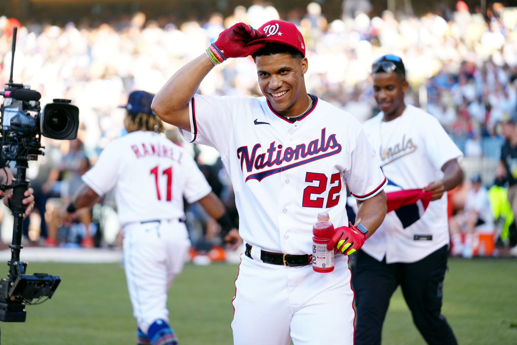 LOS ANGELES, CA - JULY 18:  Juan Soto #22 of the Washington Nationals looks on during the T-Mobile Home Run Derby at Dodger Stadium on Monday, July 18, 2022 in Los Angeles, California. (Photo by Daniel Shirey/MLB Photos via Getty Images)