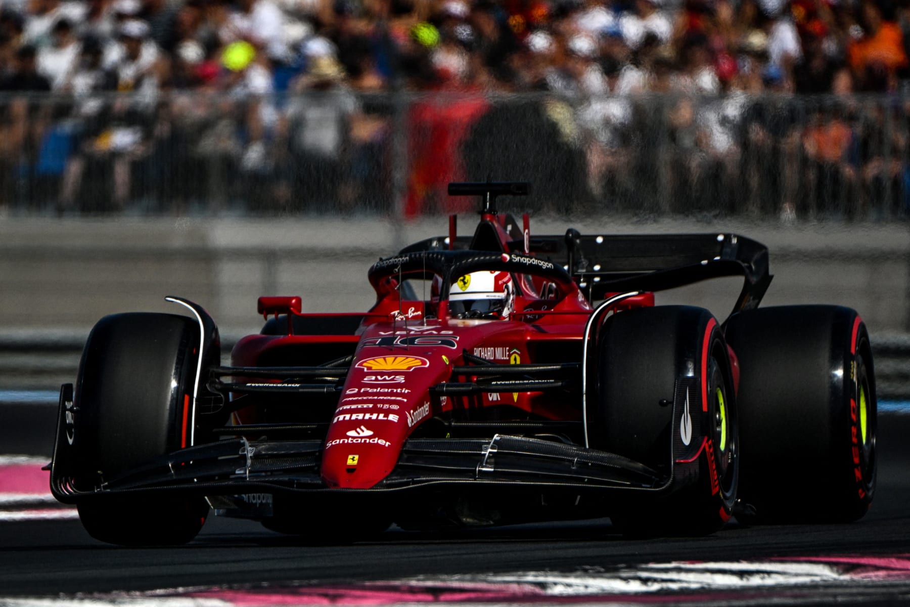 TOPSHOT - Ferrari's Monegasque driver Charles Leclerc steers his car during the qualifying session ahead of the French Formula One Grand Prix at the Circuit Paul Ricard in Le Castellet, southern France, on July 23, 2022. (Photo by CHRISTOPHE SIMON / AFP) (Photo by CHRISTOPHE SIMON/AFP via Getty Images)