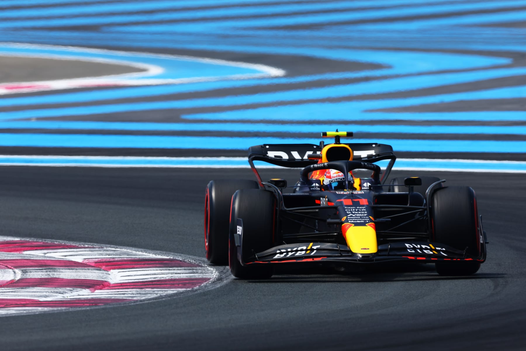 LE CASTELLET, FRANCE - JULY 23: Sergio Perez of Mexico driving the (11) Oracle Red Bull Racing RB18 on track during final practice ahead of the F1 Grand Prix of France at Circuit Paul Ricard on July 23, 2022 in Le Castellet, France. (Photo by Mark Thompson/Getty Images)