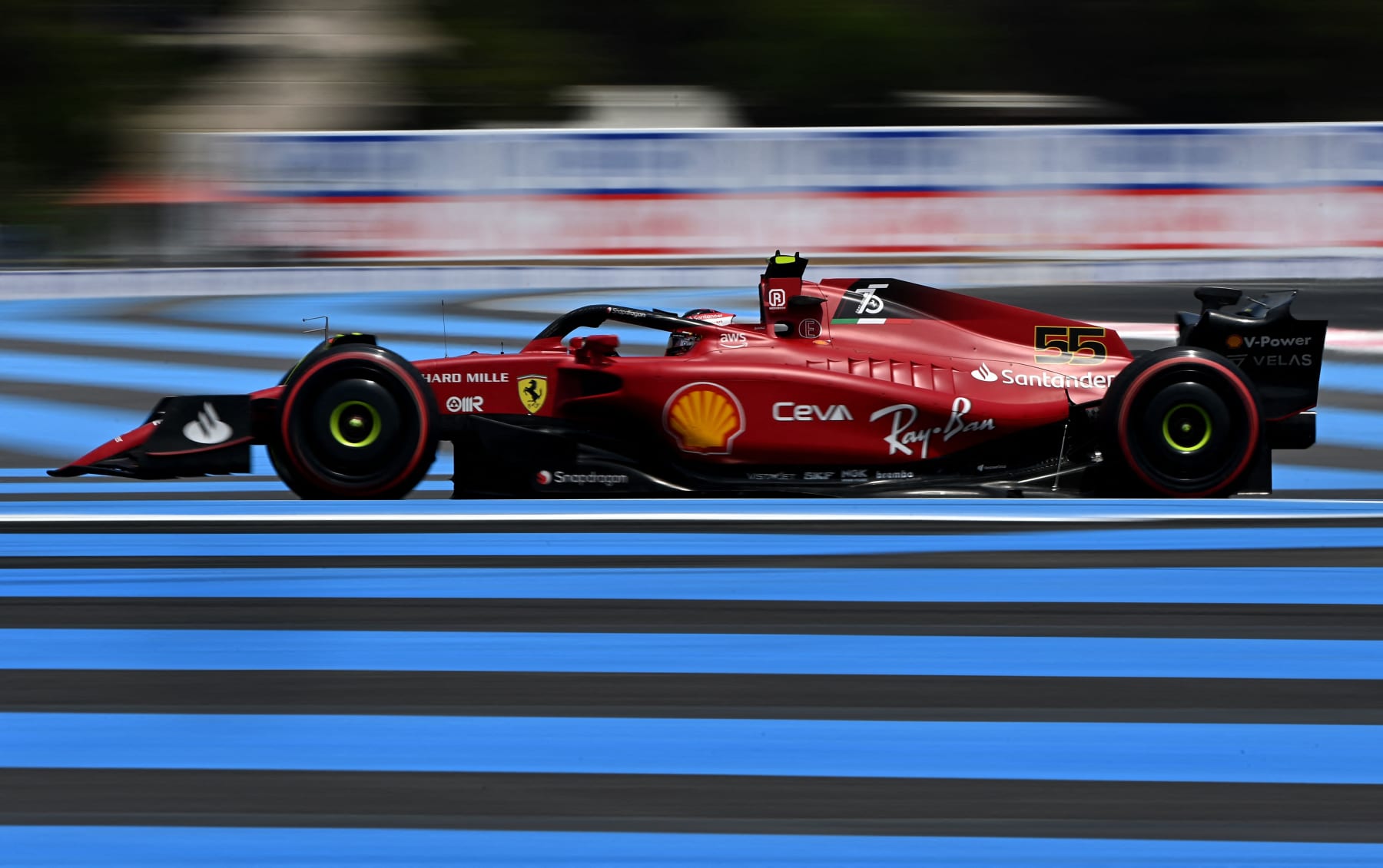 TOPSHOT - Ferrari's Spanish driver Carlos Sainz Jr steers his car during the third free practice session ahead of the French Formula One Grand Prix at the Circuit Paul Ricard in Le Castellet, southern France, on July 23, 2022. (Photo by CHRISTOPHE SIMON / AFP) (Photo by CHRISTOPHE SIMON/AFP via Getty Images)