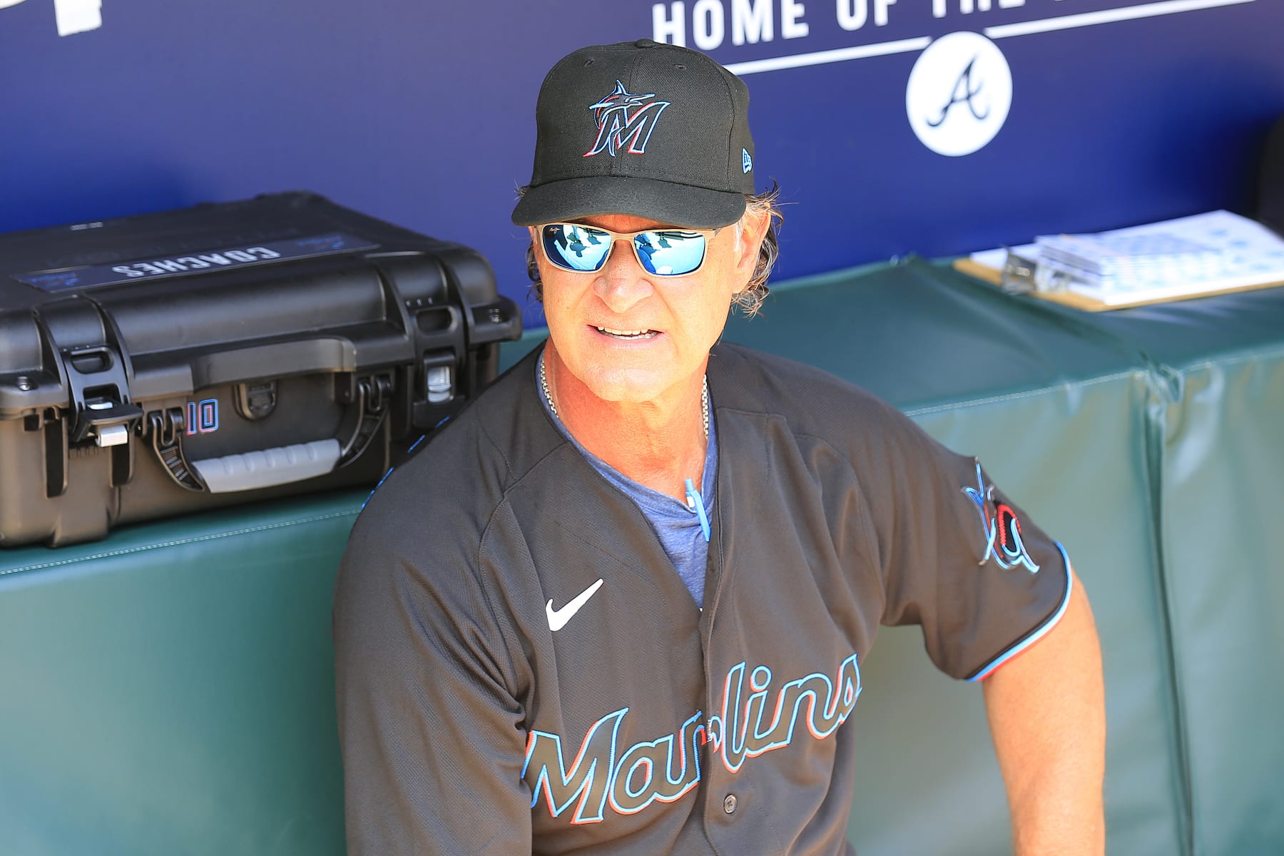 ATLANTA, GA - MAY 28: Miami Marlins Manager Don Mattingly looks on before the Saturday afternoon MLB game between the Atlanta Braves and the Miami Marlins on May, 28, 2022, at Truist Park in Atlanta, Georgia.  (Photo by David J. Griffin/Icon Sportswire via Getty Images)