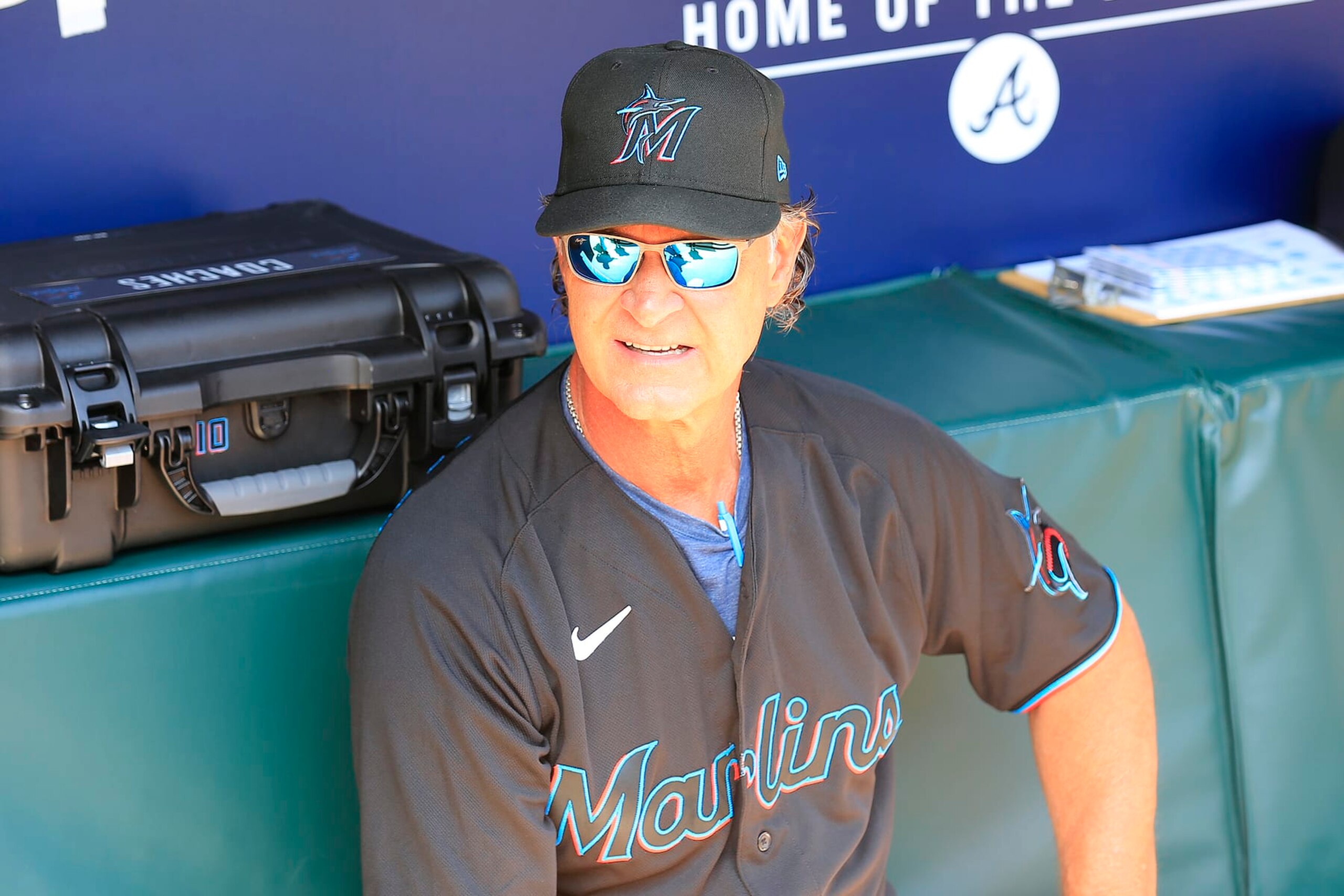 ATLANTA, GA - MAY 28: Miami Marlins Manager Don Mattingly looks on before the Saturday afternoon MLB game between the Atlanta Braves and the Miami Marlins on May, 28, 2022, at Truist Park in Atlanta, Georgia.  (Photo by David J. Griffin/Icon Sportswire via Getty Images)