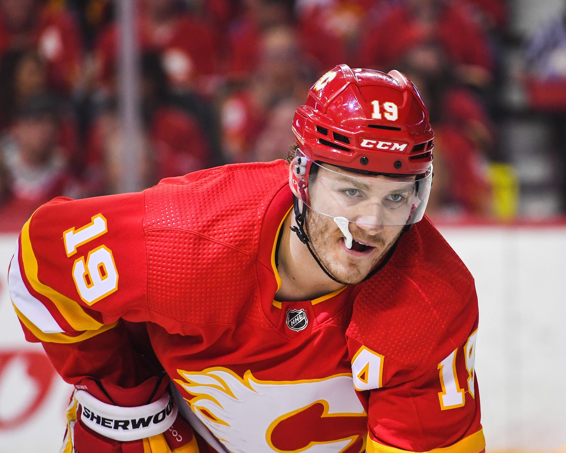 CALGARY, AB - MAY 15: Matthew Tkachuk #19 of the Calgary Flames in action against the Dallas Stars during Game Seven of the First Round of the 2022 Stanley Cup Playoffs at Scotiabank Saddledome on May 15, 2022 in Calgary, Alberta, Canada. The Flames defeated the Stars 3-2 in overtime. (Photo by Derek Leung/Getty Images)