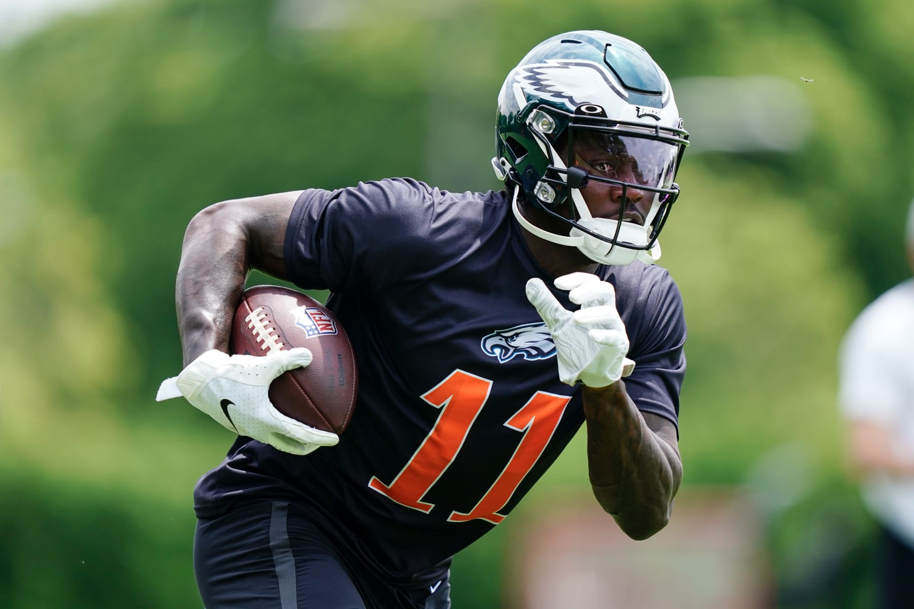 Philadelphia Eagles' A.J. Brown takes part in drills at the NFL football team's practice facility in Philadelphia, Friday, June 3, 2022. (AP Photo/Matt Rourke)
