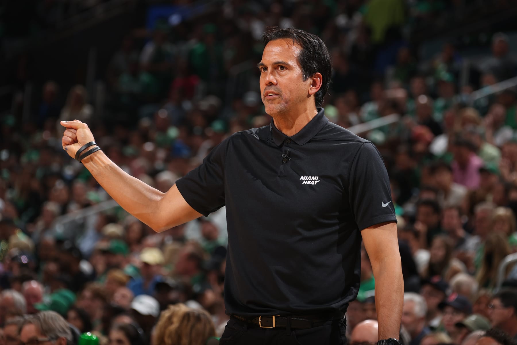 BOSTON, MA - MAY 27: Head Coach Erik Spoelstra of the Miami Heat looks on during Game 6 of the 2022 NBA Playoffs Eastern Conference Finals on May 27, 2022 at the TD Garden in Boston, Massachusetts.  NOTE TO USER: User expressly acknowledges and agrees that, by downloading and or using this photograph, User is consenting to the terms and conditions of the Getty Images License Agreement. Mandatory Copyright Notice: Copyright 2022 NBAE  (Photo by Nathaniel S. Butler/NBAE via Getty Images)