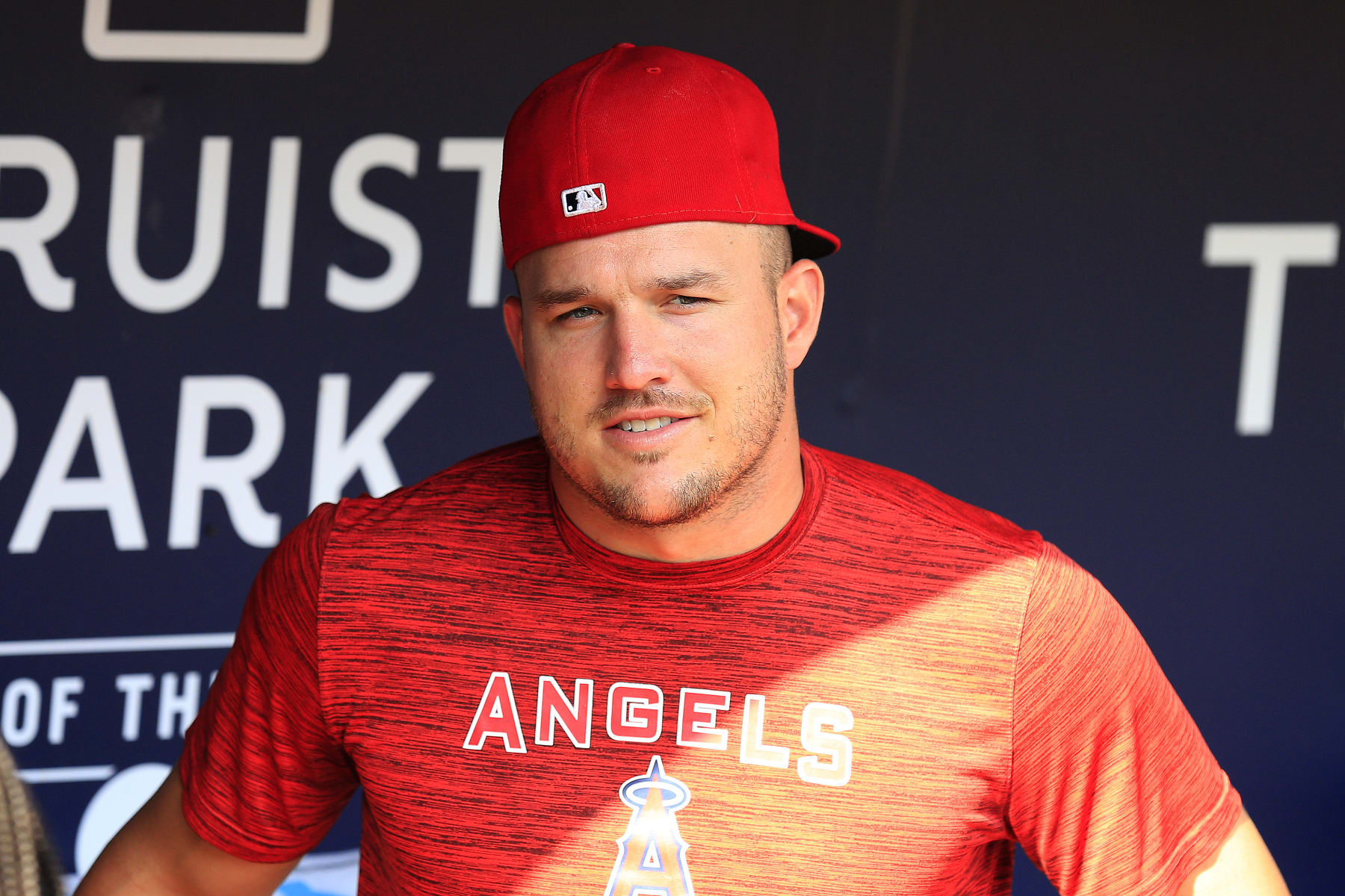 ATLANTA, GA - JULY 22: Los Angeles Angels outfielder Mike Trout (27) looks on prior to the Friday evening MLB game between the Los Angeles Angels and the Atlanta Braves on July 22, 2022 at Truist Park in Atlanta, Georgia.  (Photo by David J. Griffin/Icon Sportswire via Getty Images)