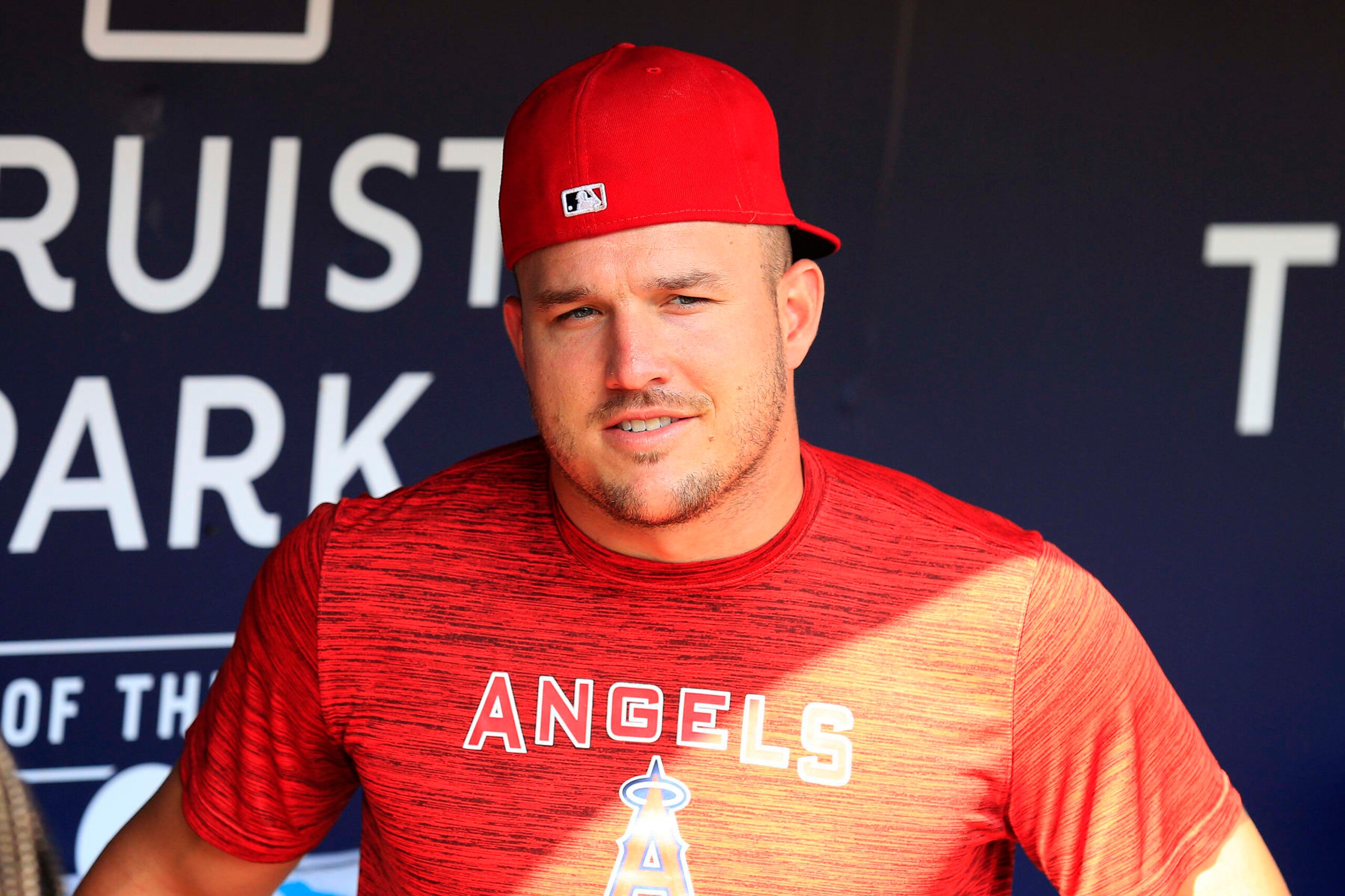 ATLANTA, GA - JULY 22: Los Angeles Angels outfielder Mike Trout (27) looks on prior to the Friday evening MLB game between the Los Angeles Angels and the Atlanta Braves on July 22, 2022 at Truist Park in Atlanta, Georgia.  (Photo by David J. Griffin/Icon Sportswire via Getty Images)