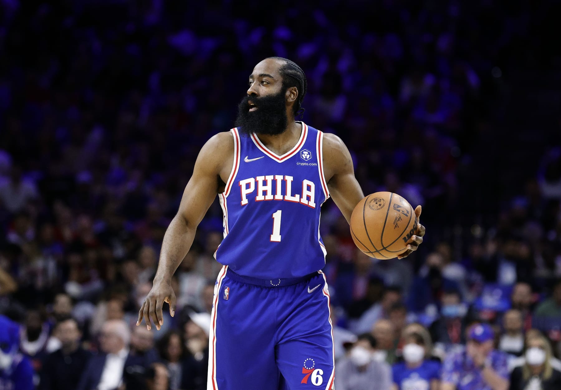 PHILADELPHIA, PENNSYLVANIA - MAY 12:  James Harden #1 of the Philadelphia 76ers in Game Six of the 2022 NBA Playoffs Eastern Conference Semifinals at Wells Fargo Center on May 12, 2022 in Philadelphia, Pennsylvania. NOTE TO USER: User expressly acknowledges and agrees that, by downloading and/or using this photograph, User is consenting to the terms and conditions of the Getty Images License Agreement. (Photo by Tim Nwachukwu/Getty Images)