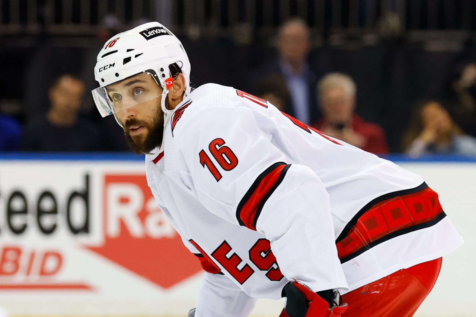 NEW YORK, NY - MAY 28:  Carolina Hurricanes center Vincent Trocheck (16) against the New York Rangers during Game 6 of round 2 of the Stanley Cup playoffs on May 28, 2022 at Madison Square Garden in New York, New York.   (Photo by Rich Graessle/Icon Sportswire via Getty Images)