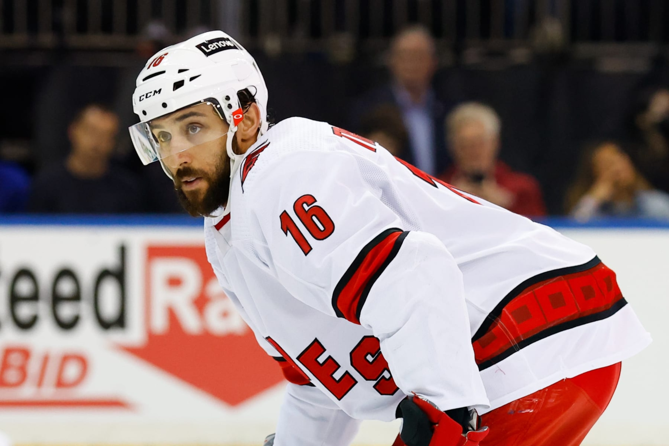 NEW YORK, NY - MAY 28: Carolina Hurricanes center Vincent Trocheck (16) against the New York Rangers during Game 6 of round 2 of the Stanley Cup playoffs on May 28, 2022 at Madison Square Garden in New York, New York. (Photo by Rich Graessle/Icon Sportswire via Getty Images) NEW YORK, NY - MAY 28: Carolina Hurricanes center Vincent Trocheck (16) against the New York Rangers during Game 6 of round 2 of the Stanley Cup playoffs on May 28, 2022 at Madison Square Garden in New York, New York. (Photo by Rich Graessle/Icon Sportswire via Getty Images)