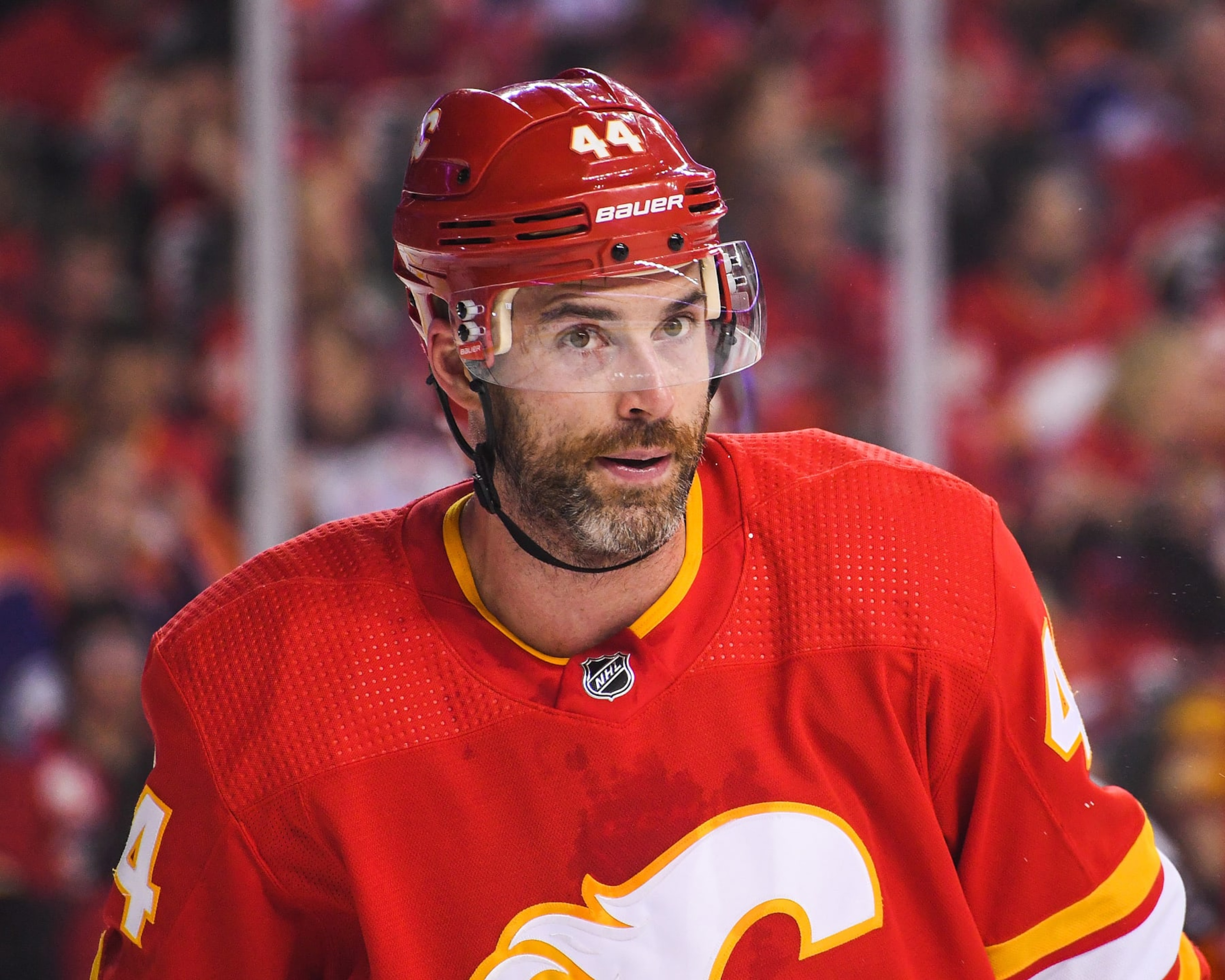 CALGARY, AB - MAY 20: Erik Gudbranson #44 of the Calgary Flames in action against the Edmonton Oilers during Game Two of the Second Round of the 2022 Stanley Cup Playoffs at Scotiabank Saddledome on May 20, 2022 in Calgary, Alberta, Canada. The Oilers defeated the Flames 5-3. (Photo by Derek Leung/Getty Images) CALGARY, AB - MAY 20: Erik Gudbranson #44 of the Calgary Flames in action against the Edmonton Oilers during Game Two of the Second Round of the 2022 Stanley Cup Playoffs at Scotiabank Saddledome on May 20, 2022 in Calgary, Alberta, Canada. The Oilers defeated the Flames 5-3. (Photo by Derek Leung/Getty Images)