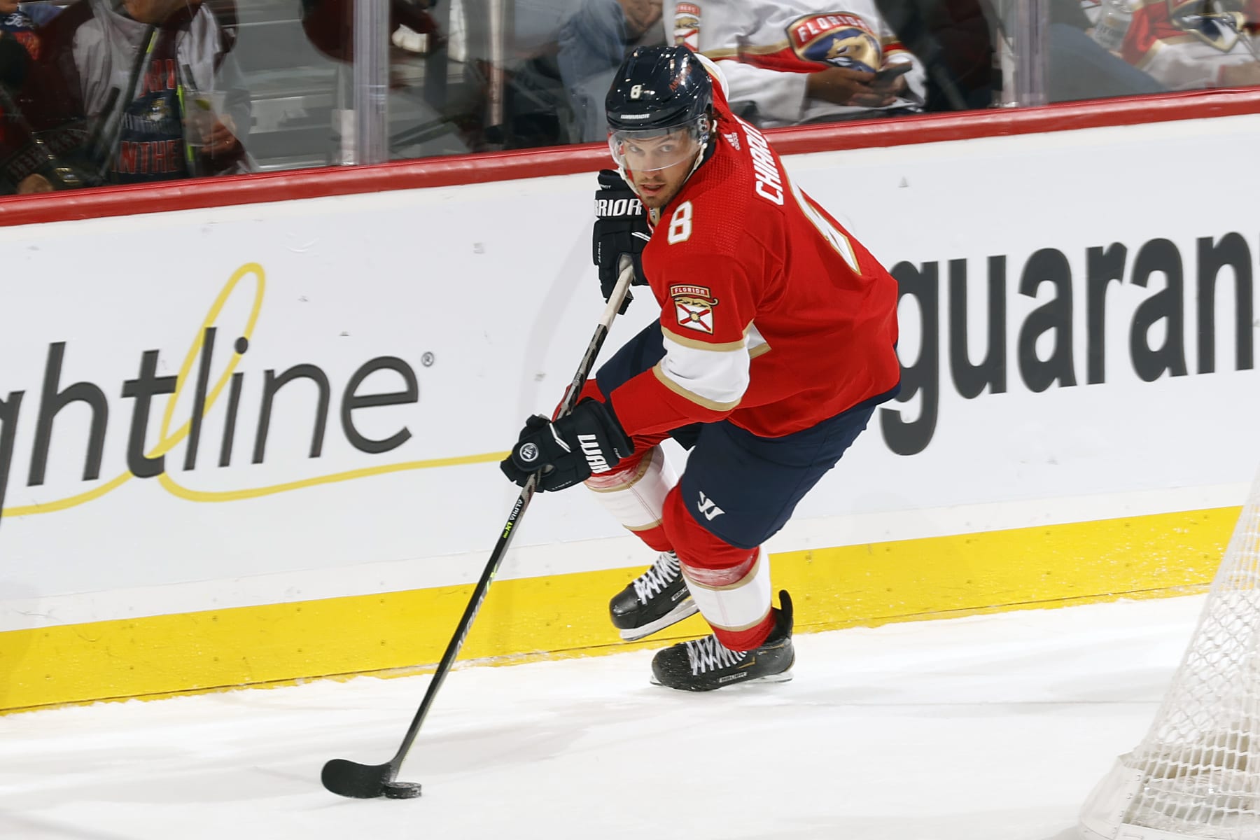 SUNRISE, FL - APRIL 23: Ben Chiarot #8 of the Florida Panthers skates with the puck against the Toronto Maple Leafs at the FLA Live Arena on April 23, 2022 in Sunrise, Florida. (Photo by Joel Auerbach/Getty Images)