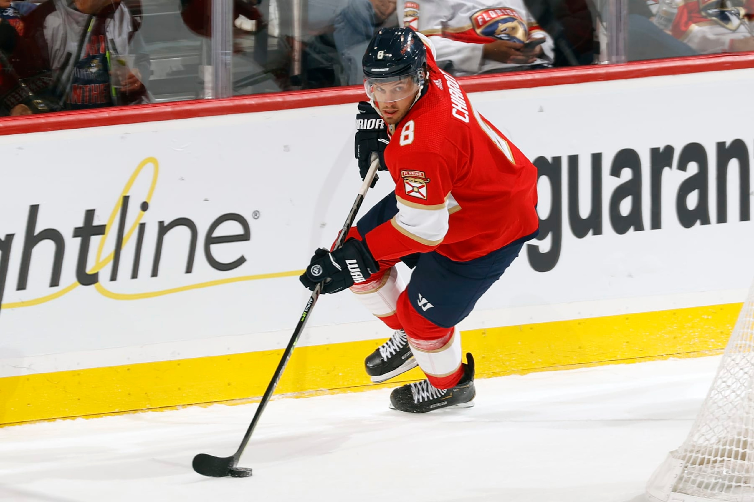 SUNRISE, FL - APRIL 23: Ben Chiarot #8 of the Florida Panthers skates with the puck against the Toronto Maple Leafs at the FLA Live Arena on April 23, 2022 in Sunrise, Florida. (Photo by Joel Auerbach/Getty Images) SUNRISE, FL - APRIL 23: Ben Chiarot #8 of the Florida Panthers skates with the puck against the Toronto Maple Leafs at the FLA Live Arena on April 23, 2022 in Sunrise, Florida. (Photo by Joel Auerbach/Getty Images)