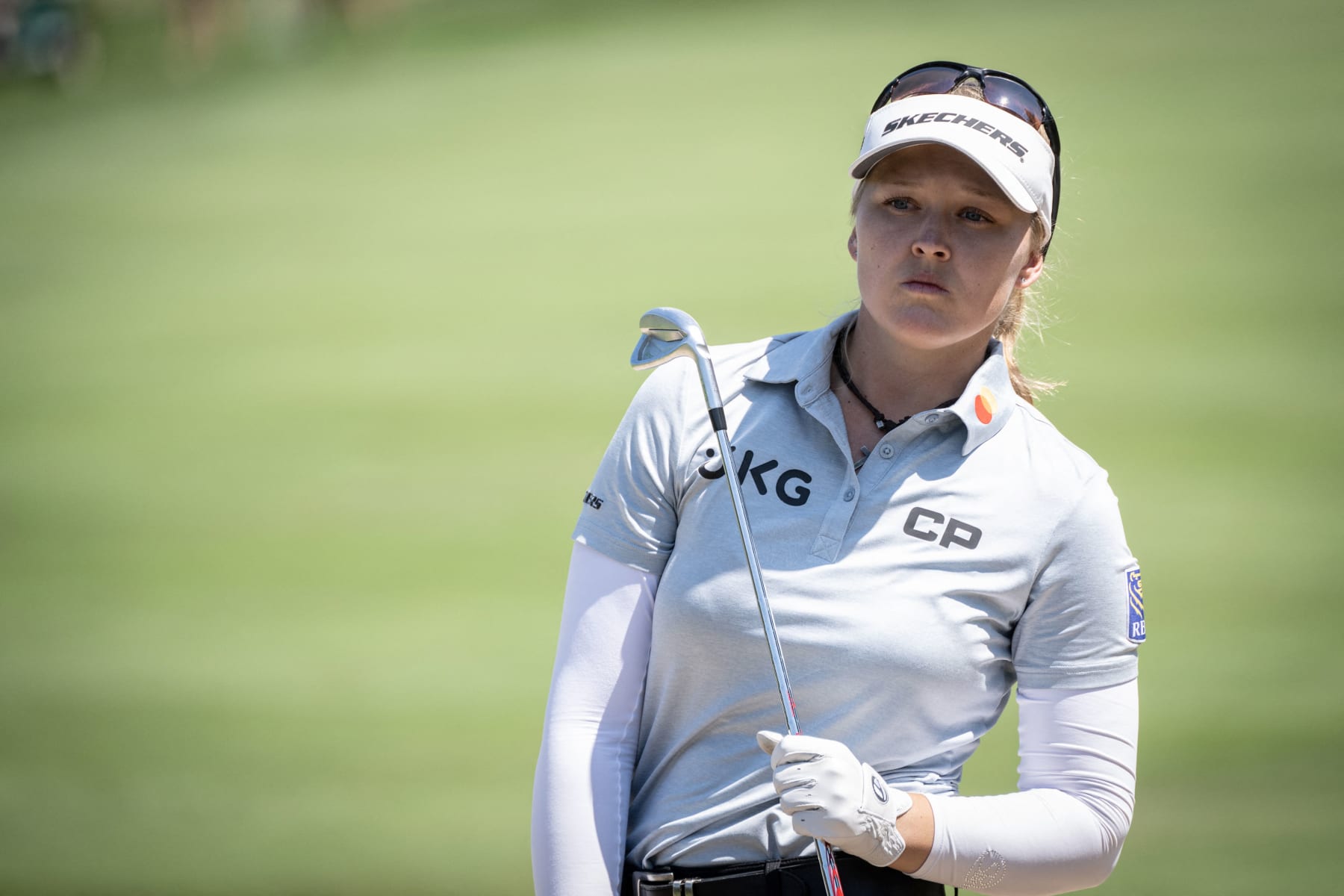 Brooke Henderson of Canada competes in the Evian Championship in the French Alps town of Evian-les-Bains, a major tournament on the women's calendar, on July 24, 2022. (Photo by JEAN-PHILIPPE KSIAZEK / AFP) (Photo by JEAN-PHILIPPE KSIAZEK/AFP via Getty Images)