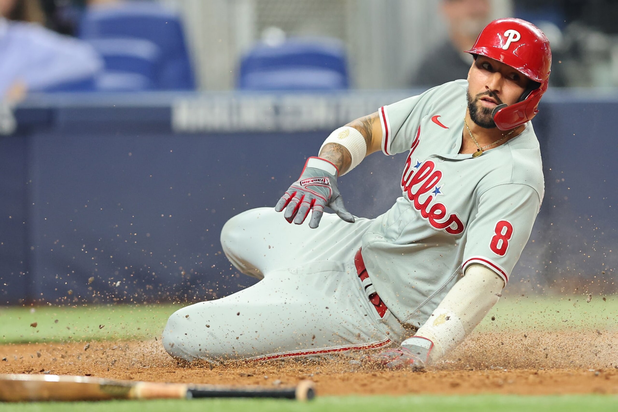 MIAMI, FLORIDA - JULY 15: Nick Castellanos #8 of the Philadelphia Phillies reacts after being tagged out at home against the Miami Marlins during the seventh inning at loanDepot park on July 15, 2022 in Miami, Florida. (Photo by Michael Reaves/Getty Images)