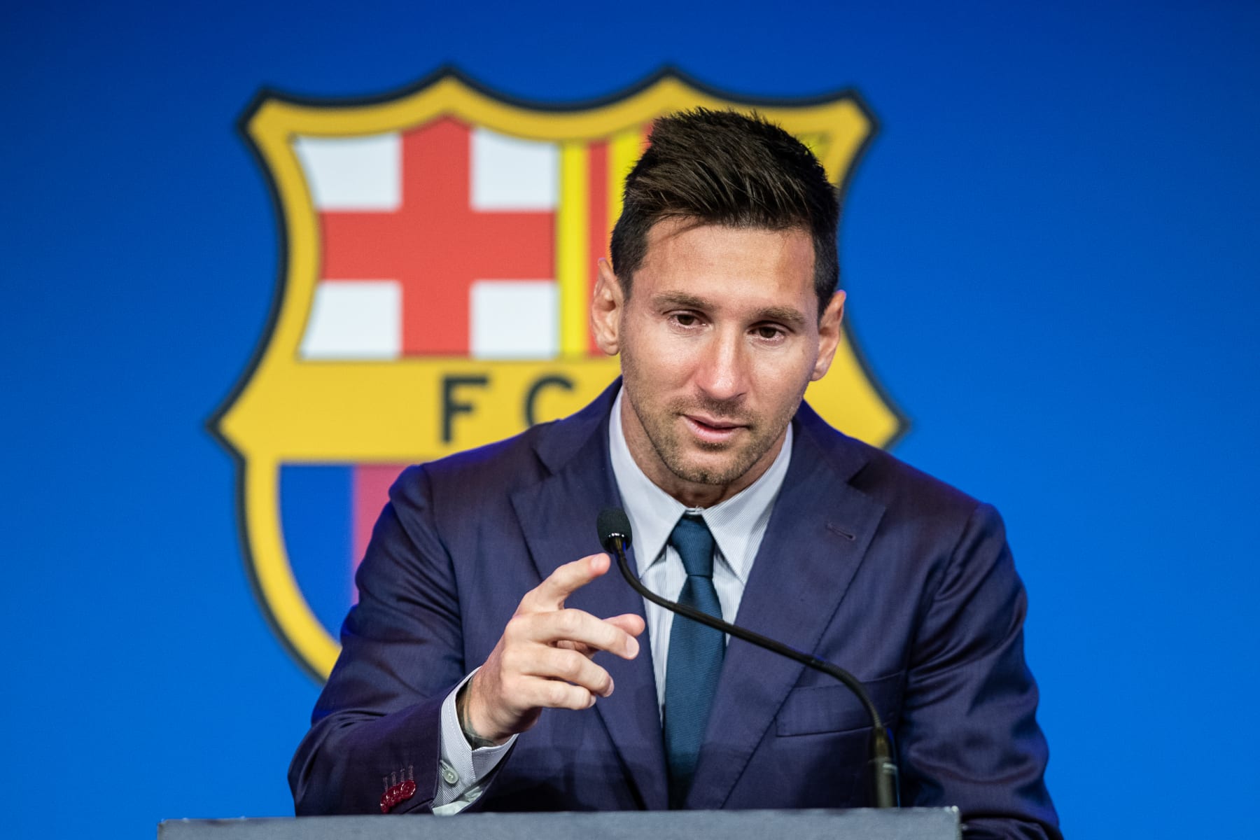 BARCELONA, SPAIN - AUGUST 08: Lionel "Leo" Messi during his press conference to talk about his departure from FC Barcelona at Camp Nou stadium on August 08, 2021, in Barcelona, Spain. (Photo By Marc Gonzalez Aloma/Europa Press via Getty Images)