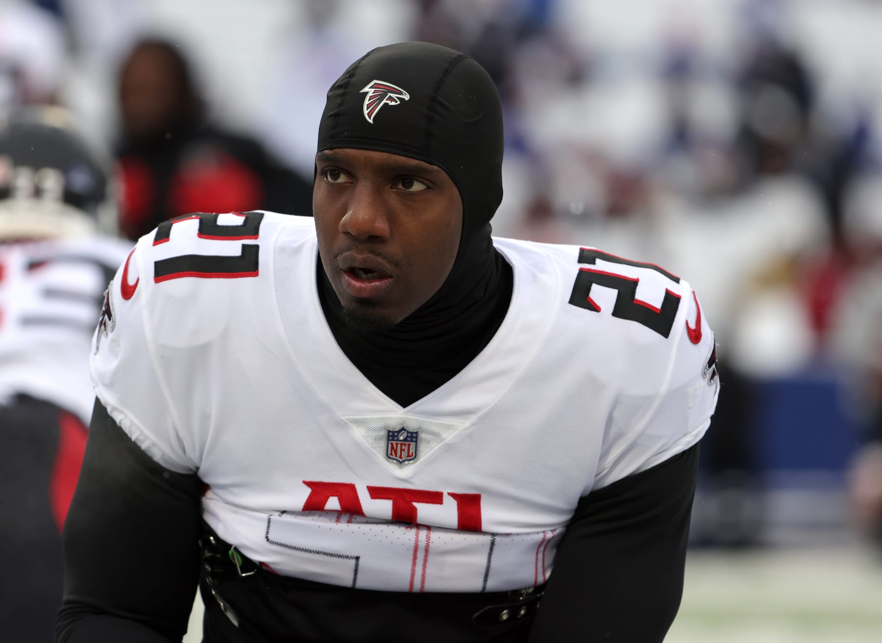 ORCHARD PARK, NY - JANUARY 02: Duron Harmon #21 of the Atlanta Falcons on the field before a game against the Buffalo Bills at Highmark Stadium on January 2, 2022 in Orchard Park, New York. (Photo by Timothy T Ludwig/Getty Images)