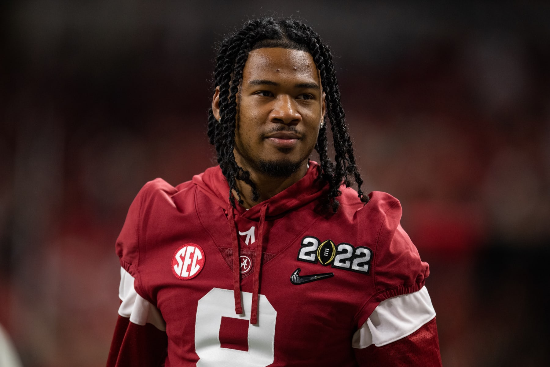 INDIANAPOLIS, IN - JANUARY 10: Alabama Crimson Tide WR John Metchie III (8) stands on the field before the Alabama Crimson Tide versus the Georgia Bulldogs in the College Football Playoff National Championship, on January 10, 2022, at Lucas Oil Stadium in Indianapolis, IN. (Photo by Zach Bolinger/Icon Sportswire via Getty Images)