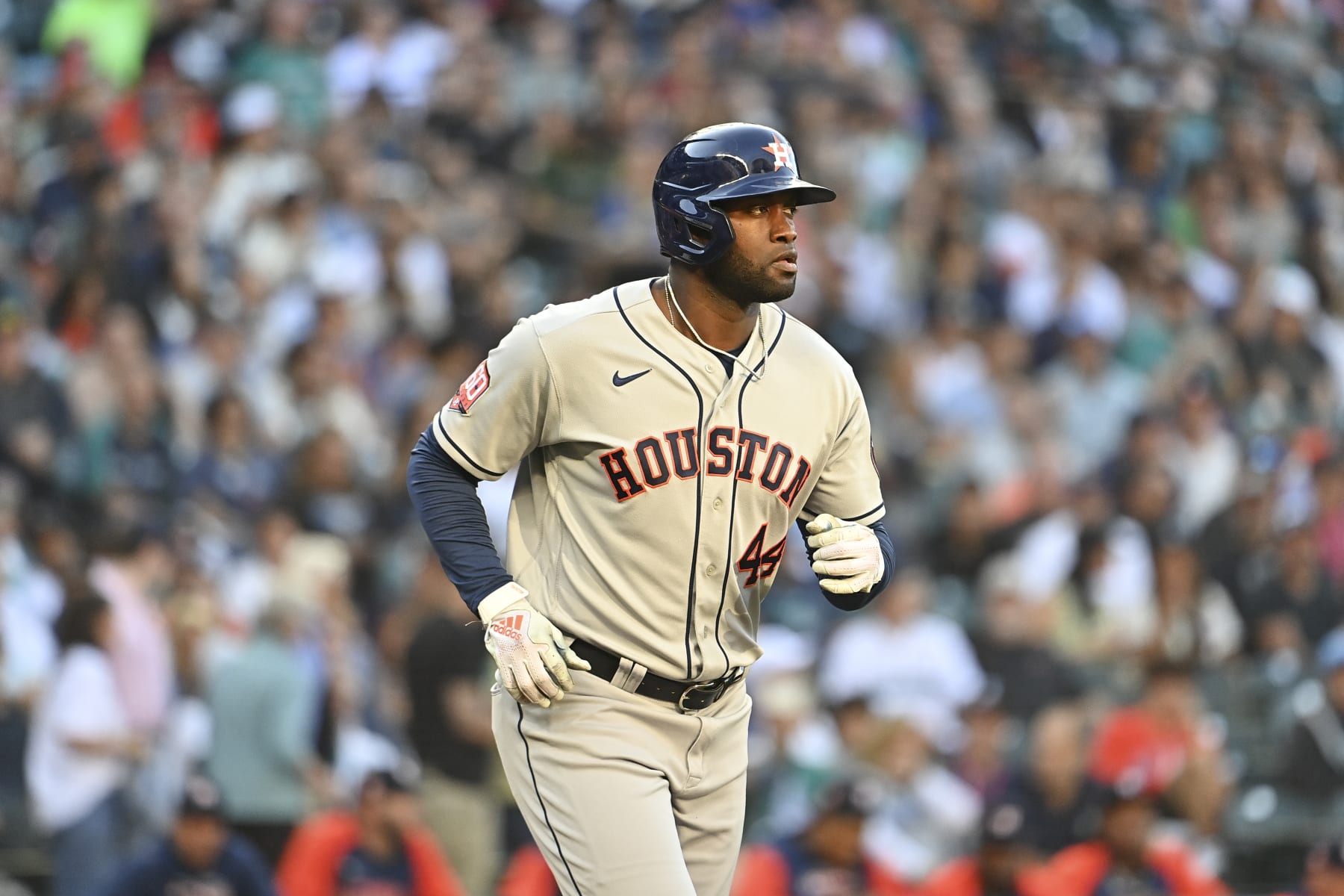 SEATTLE, WASHINGTON - JULY 22: Yordan Alvarez #44 of the Houston Astros walks to first base during the first inning against the Seattle Mariners at T-Mobile Park on July 22, 2022 in Seattle, Washington. (Photo by Alika Jenner/Getty Images)